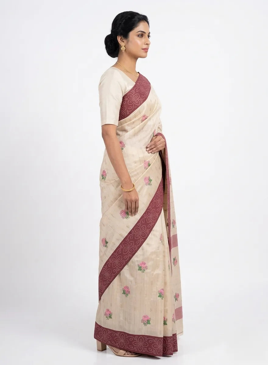 Women Beige & Maroon Floral Embroidered Silk Saree with Unstitched Blouse