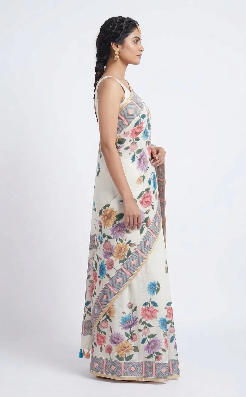Floral Print Cotton Saree in Off-White and Pastels