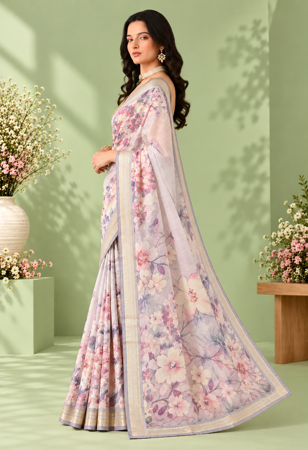 Elegant Ivory Floral Printed Saree with Soft Pastel Border