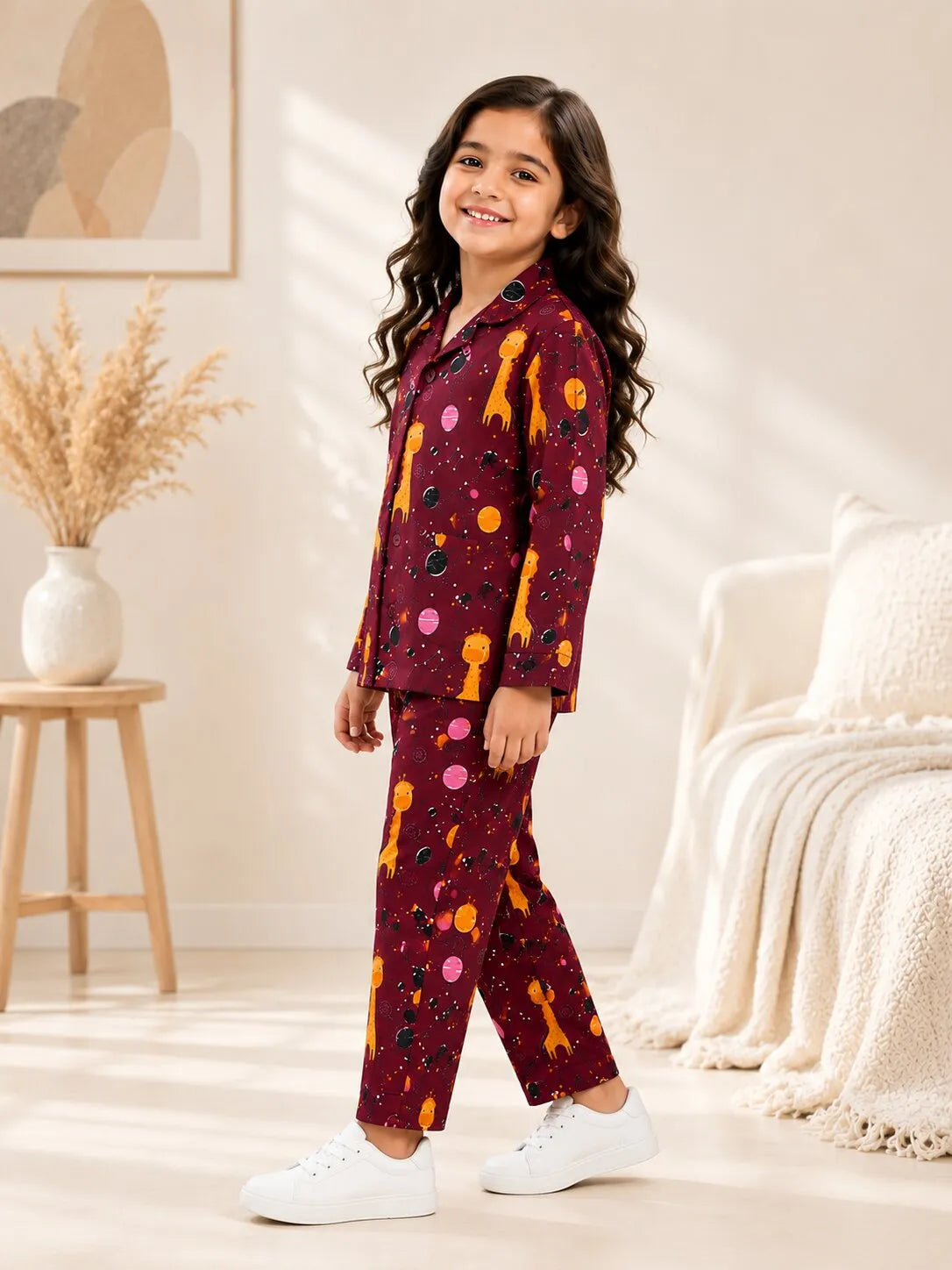 Kids Girls  Maroon & Yellow Printed Pure Cotton Night Suit