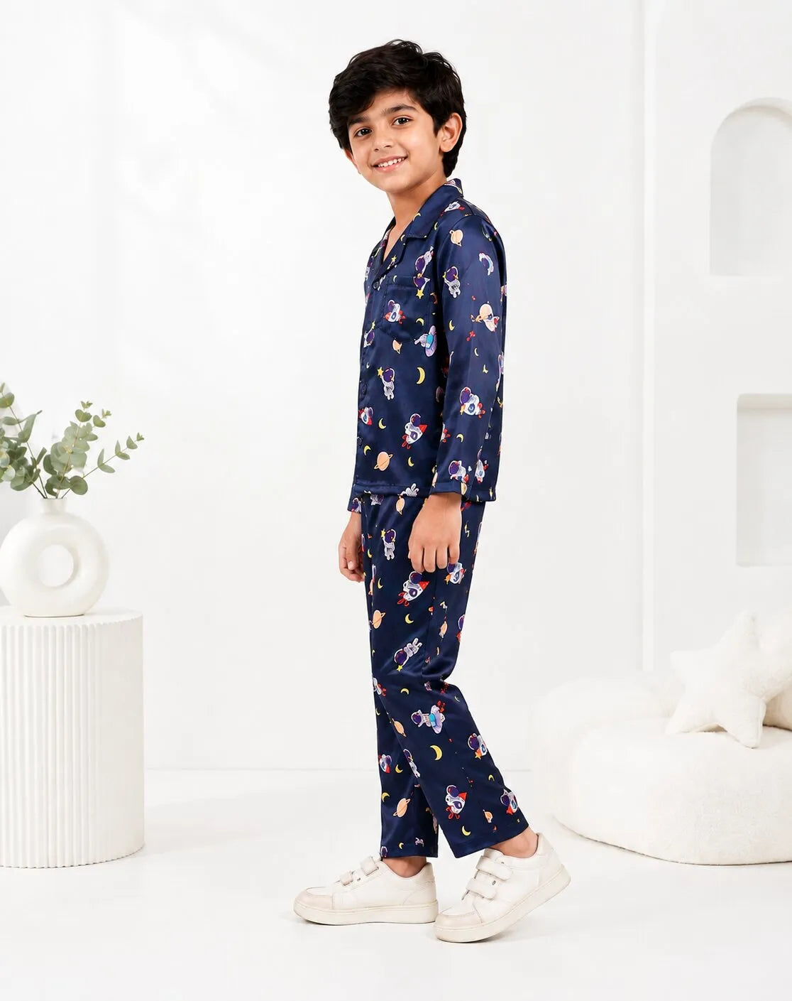 Kids Boys Navy Blue & Multi Satin Space Print Nightsuit Set