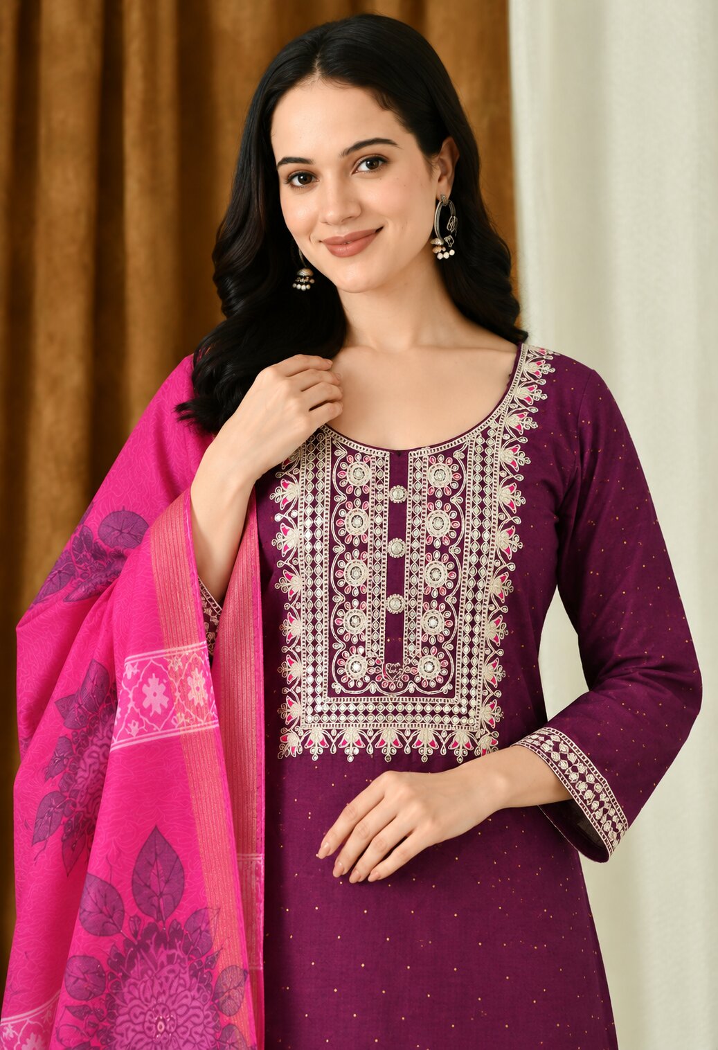 Wine Purple Chanderi Silk Embroidered Suit Set with Pink Organza Dupatta for Women