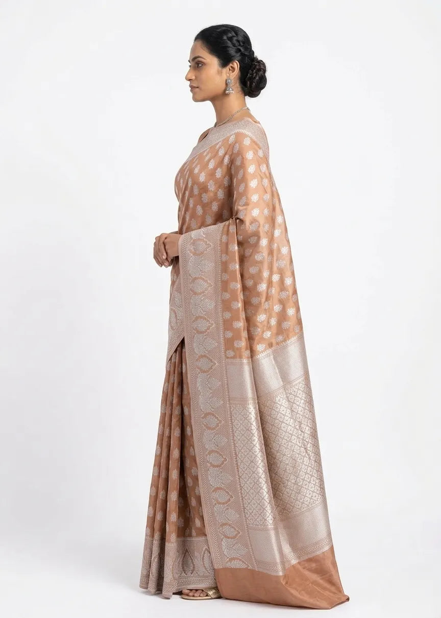 Peach-Coloured & Silver-Toned Silk Blend Zari Banarasi Saree