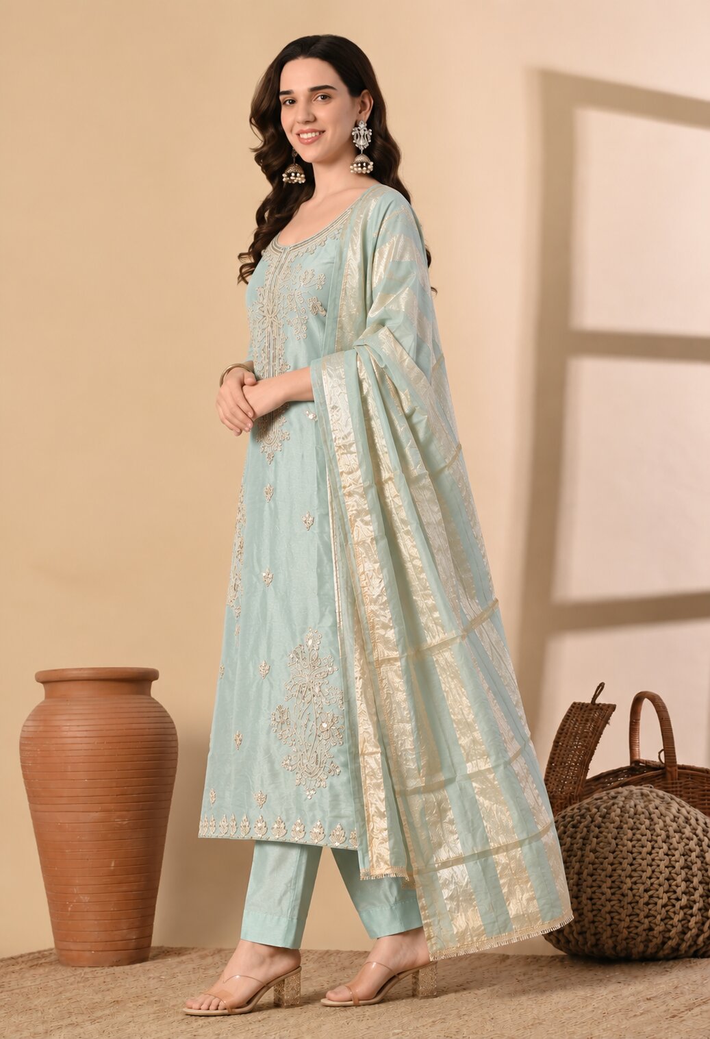 Pastel Blue Chanderi Silk Embroidered Suit Set with Organza Dupatta