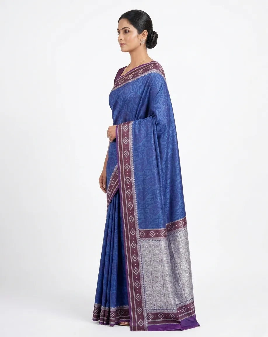 Royal Blue & Purple Floral Woven Design Silk Blend Saree