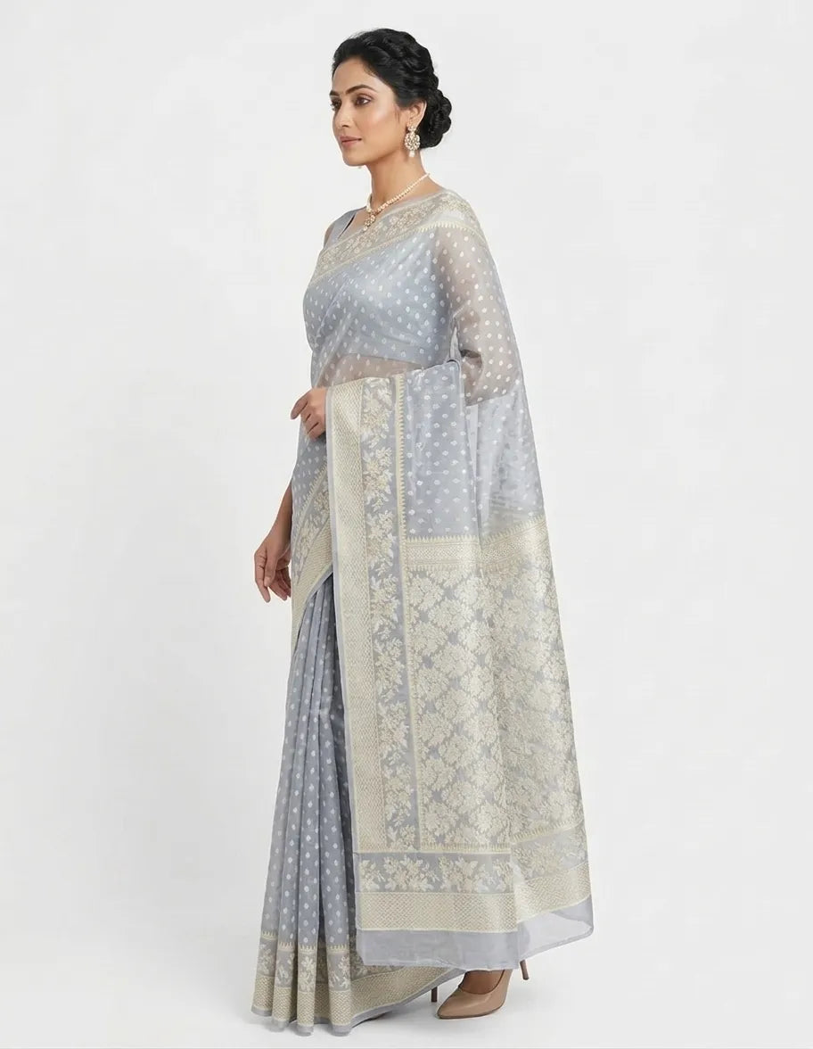 Grey & Off-White Floral Woven Design Organza Banarasi Saree with Unstitched Blouse