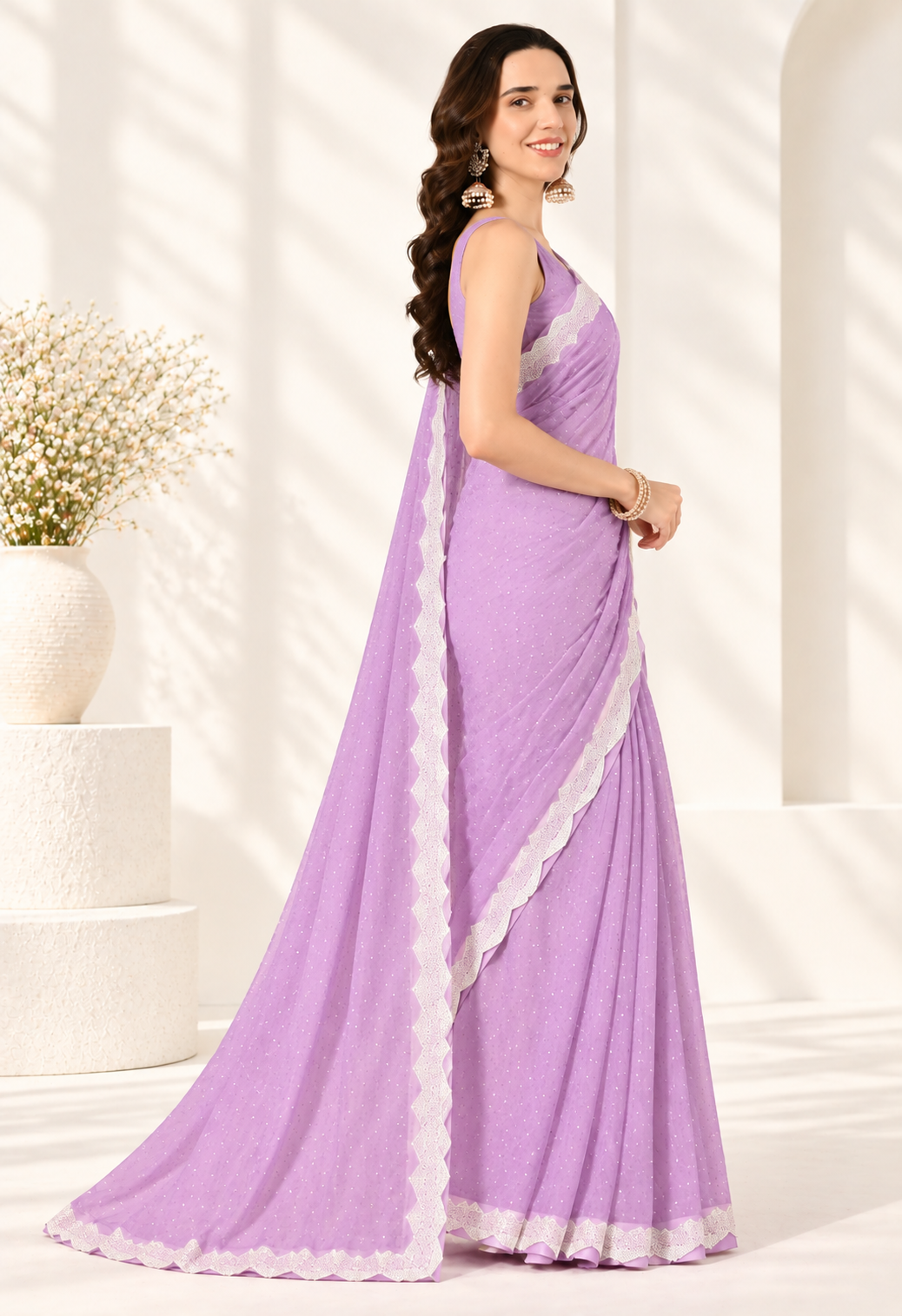 Elegant Lavender Saree with Delicate Embroidered Border