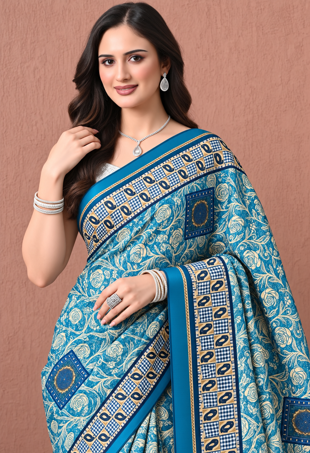 Elegant Teal Blue Chiffon Saree with Traditional Floral Print