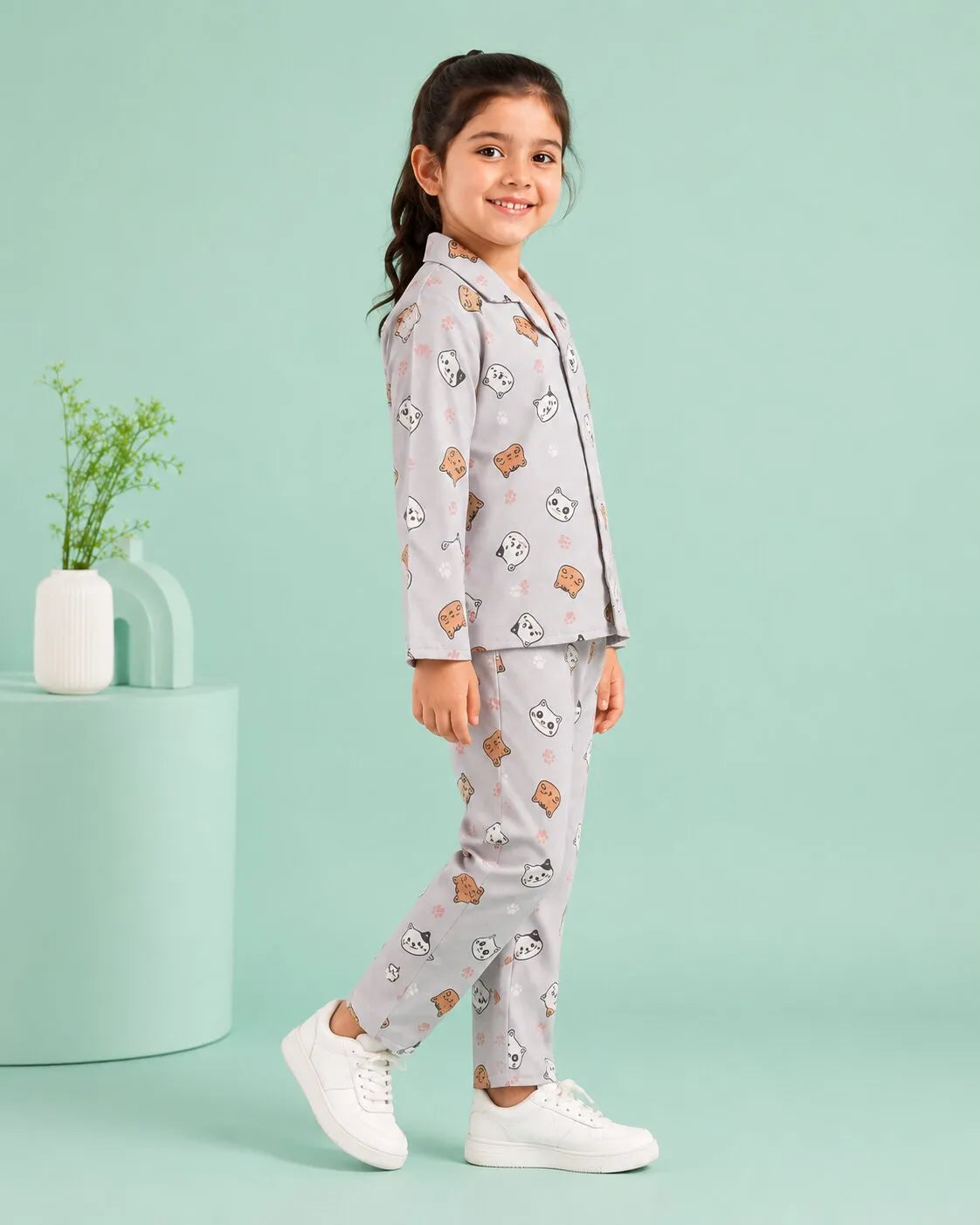 Girls Grey & Orange Cat Printed Satin Night Suit