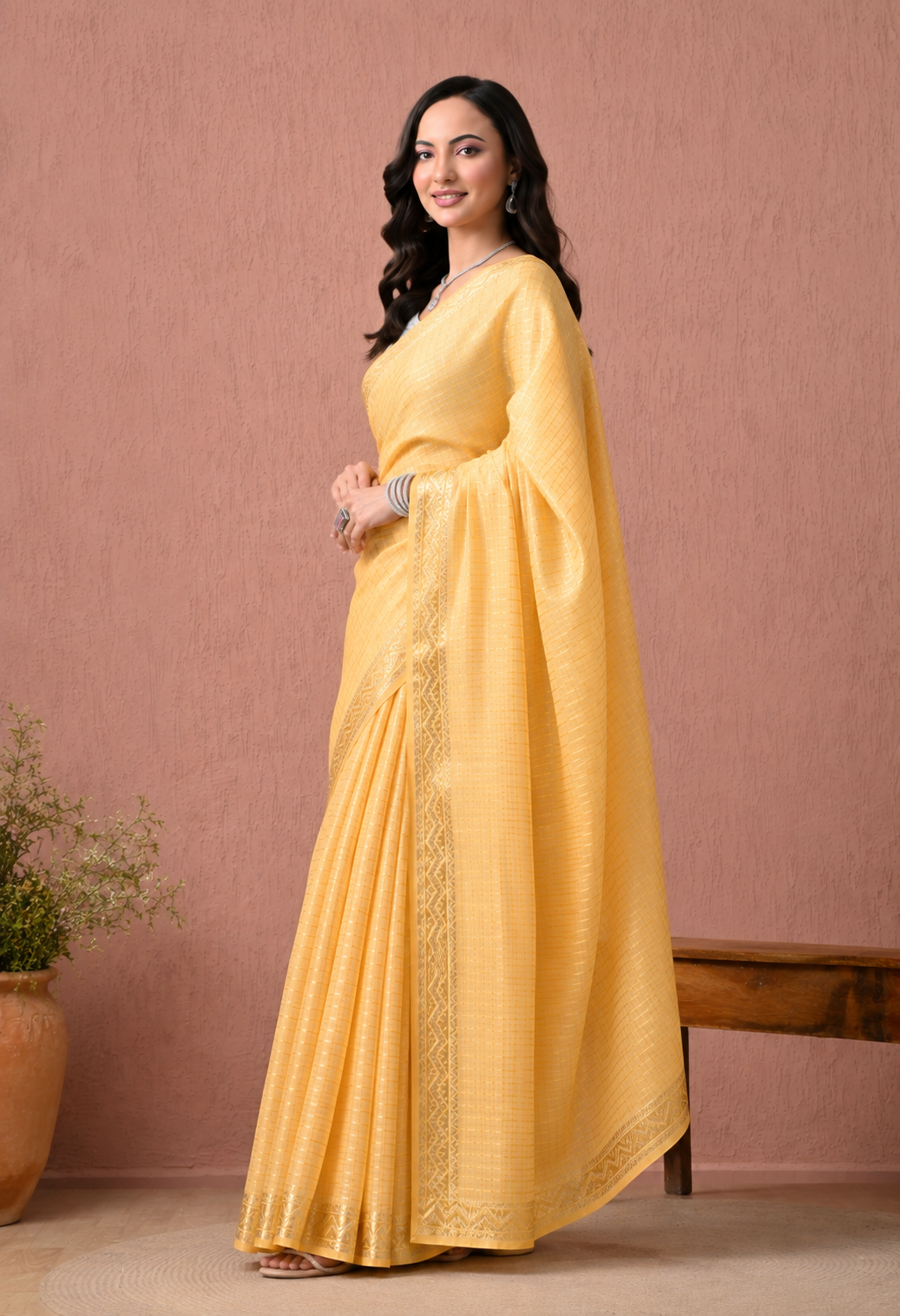 Mustard Yellow Cotton Saree with Woven Border