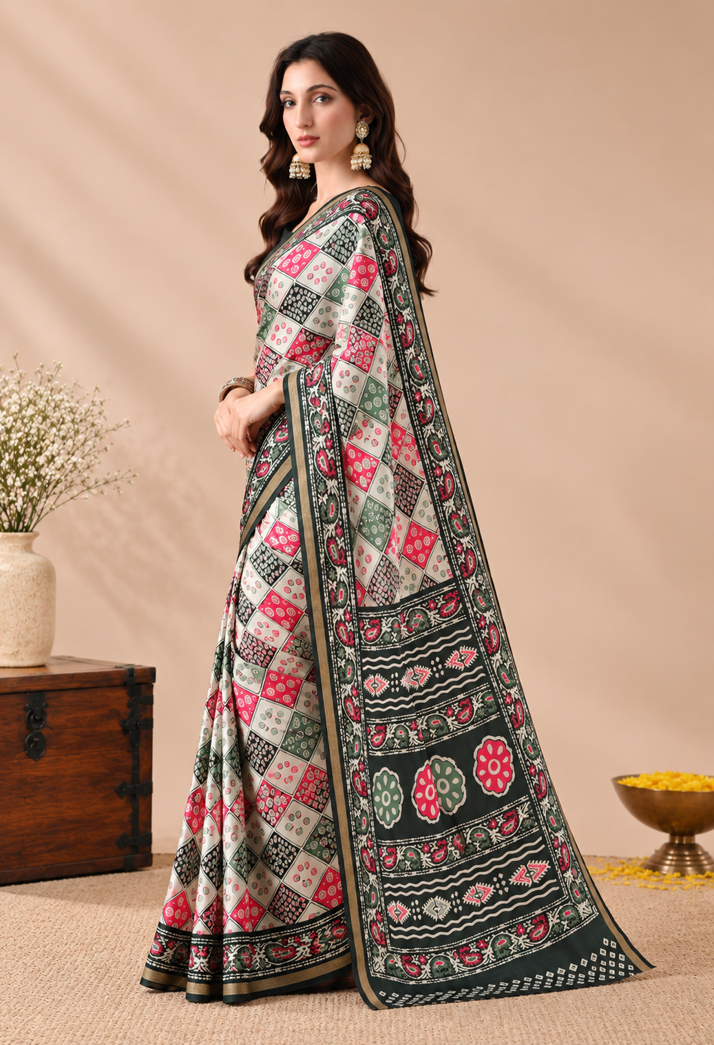 Elegant Off-White Geometric Floral Printed Saree with Dark Green Traditional Border