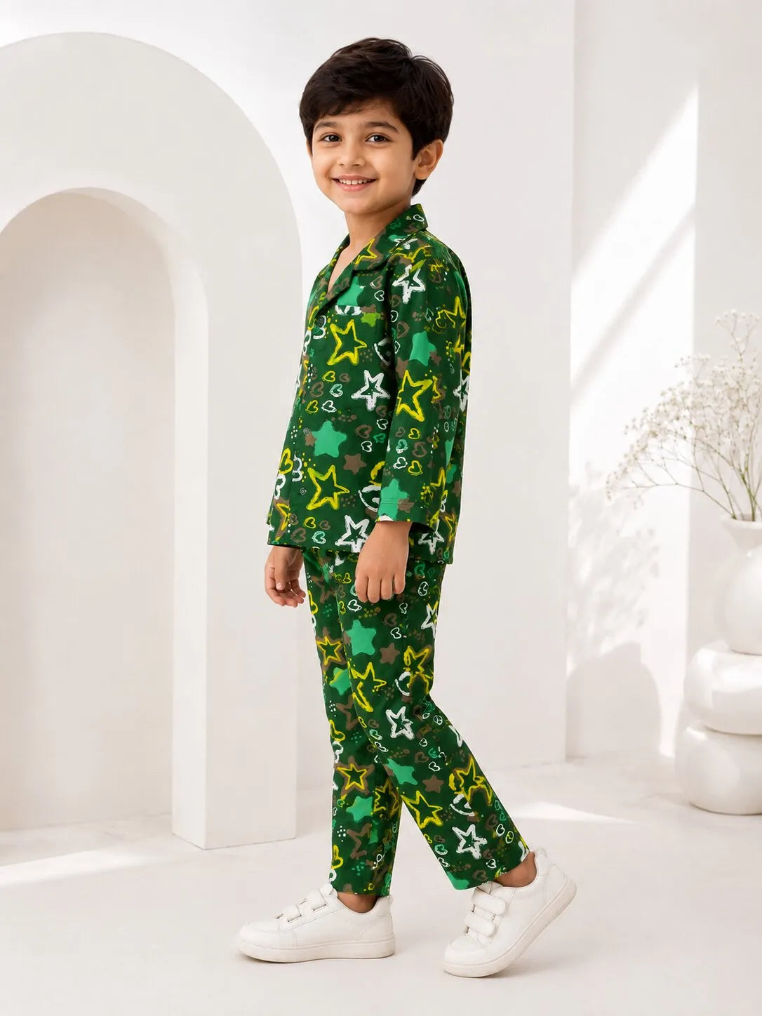 Boys Olive Green & Yellow Star Printed Pure Cotton Night Suit