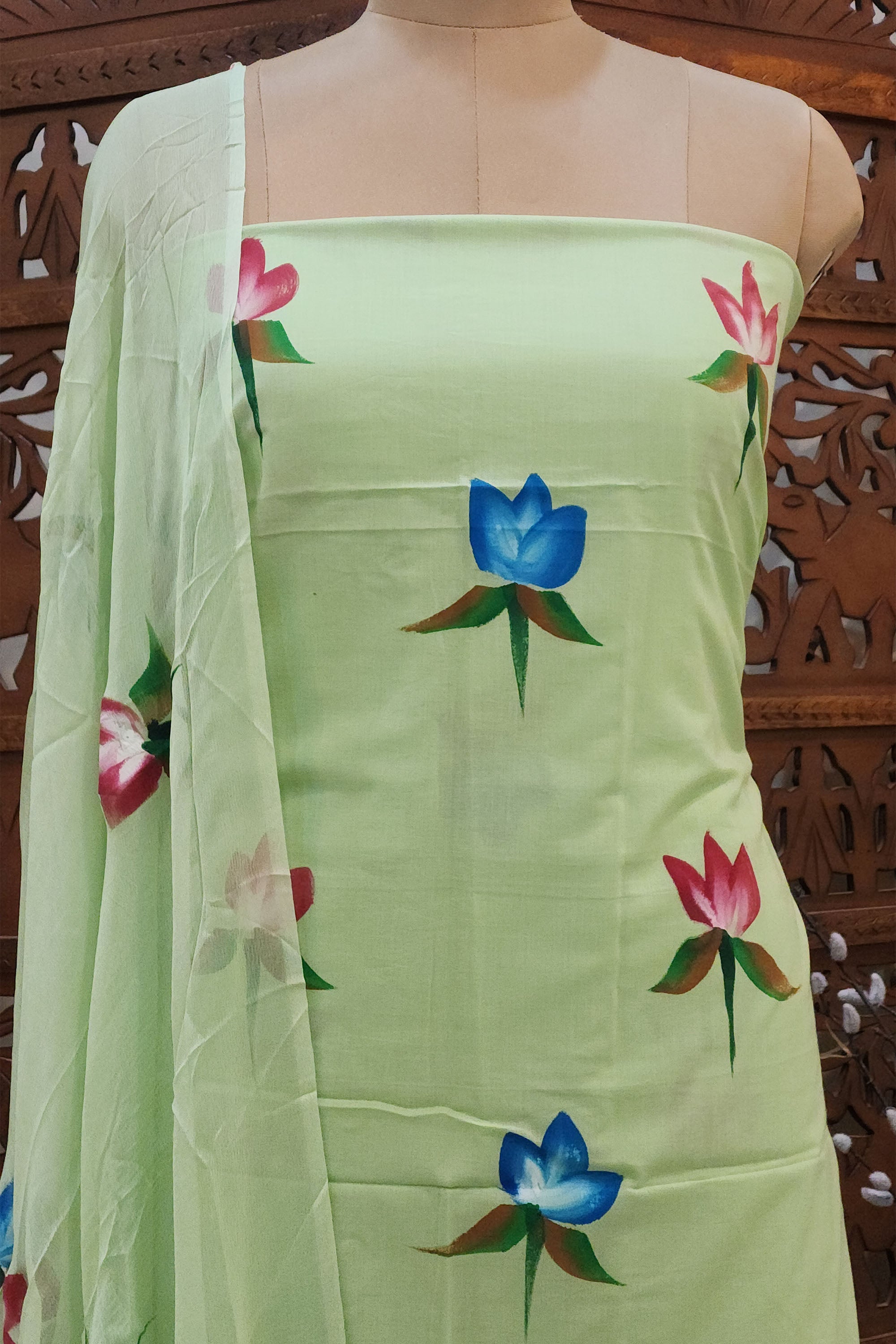 Women Sea Green Printed Pure Cotton Unstitched Dress Material with Chiffon Dupatta