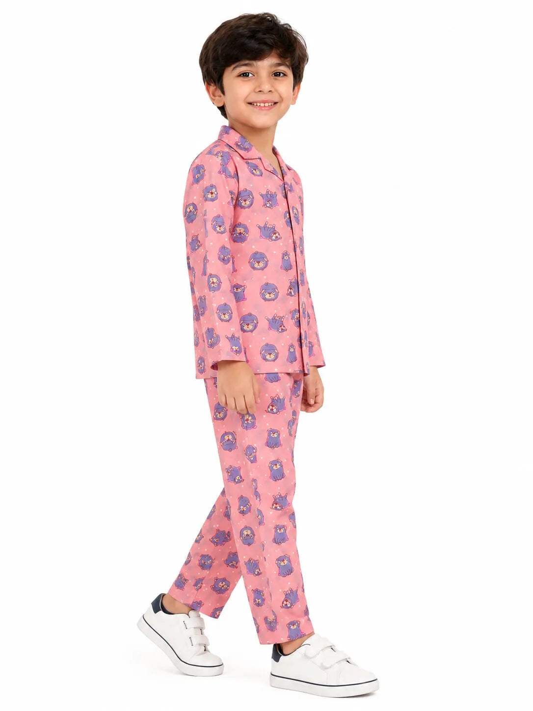 Boys Pink & Grey Pug Printed Pure Cotton Night Suit