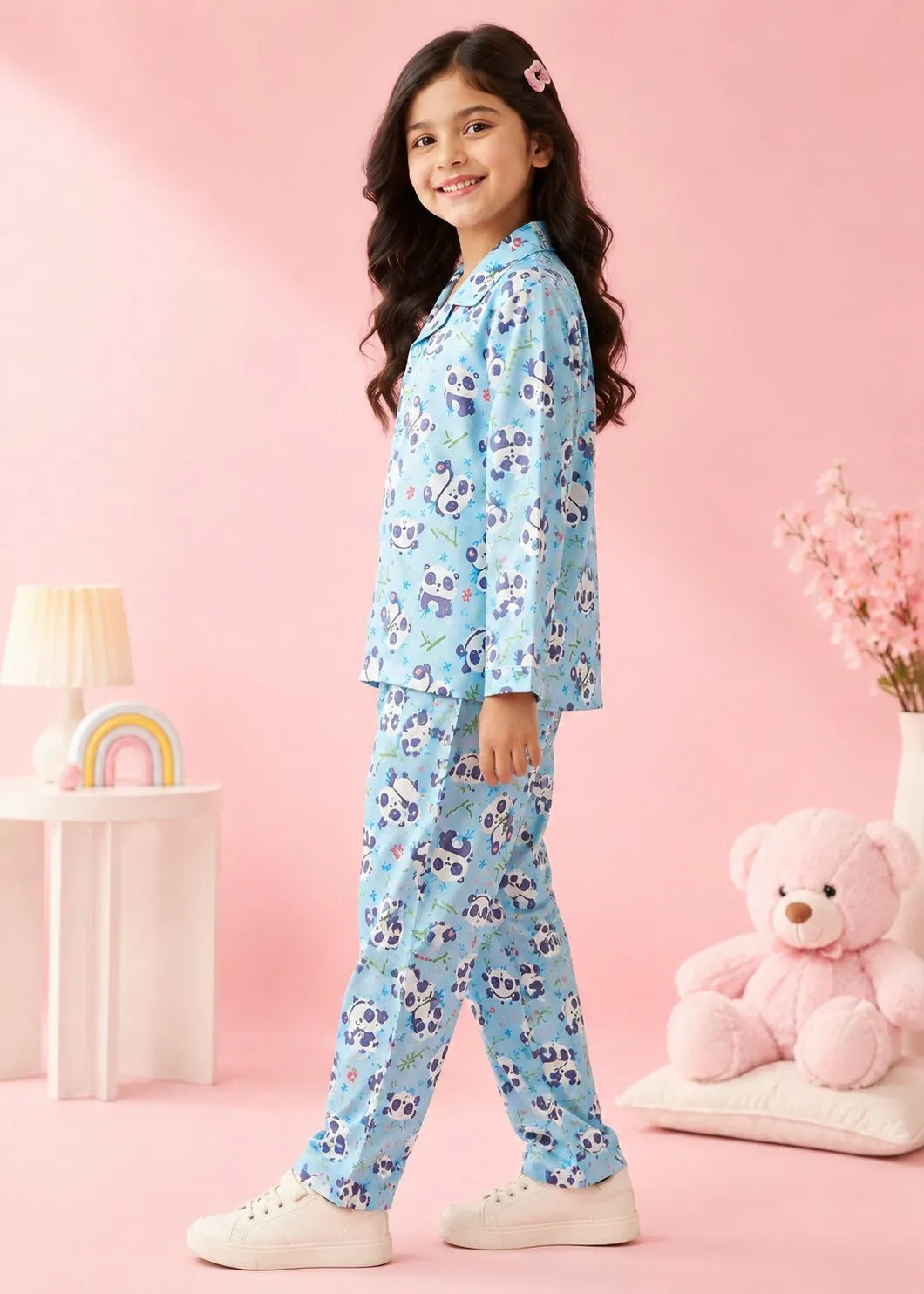 Girls Sky Blue & Purple Panda Printed Satin Nightsuit Set