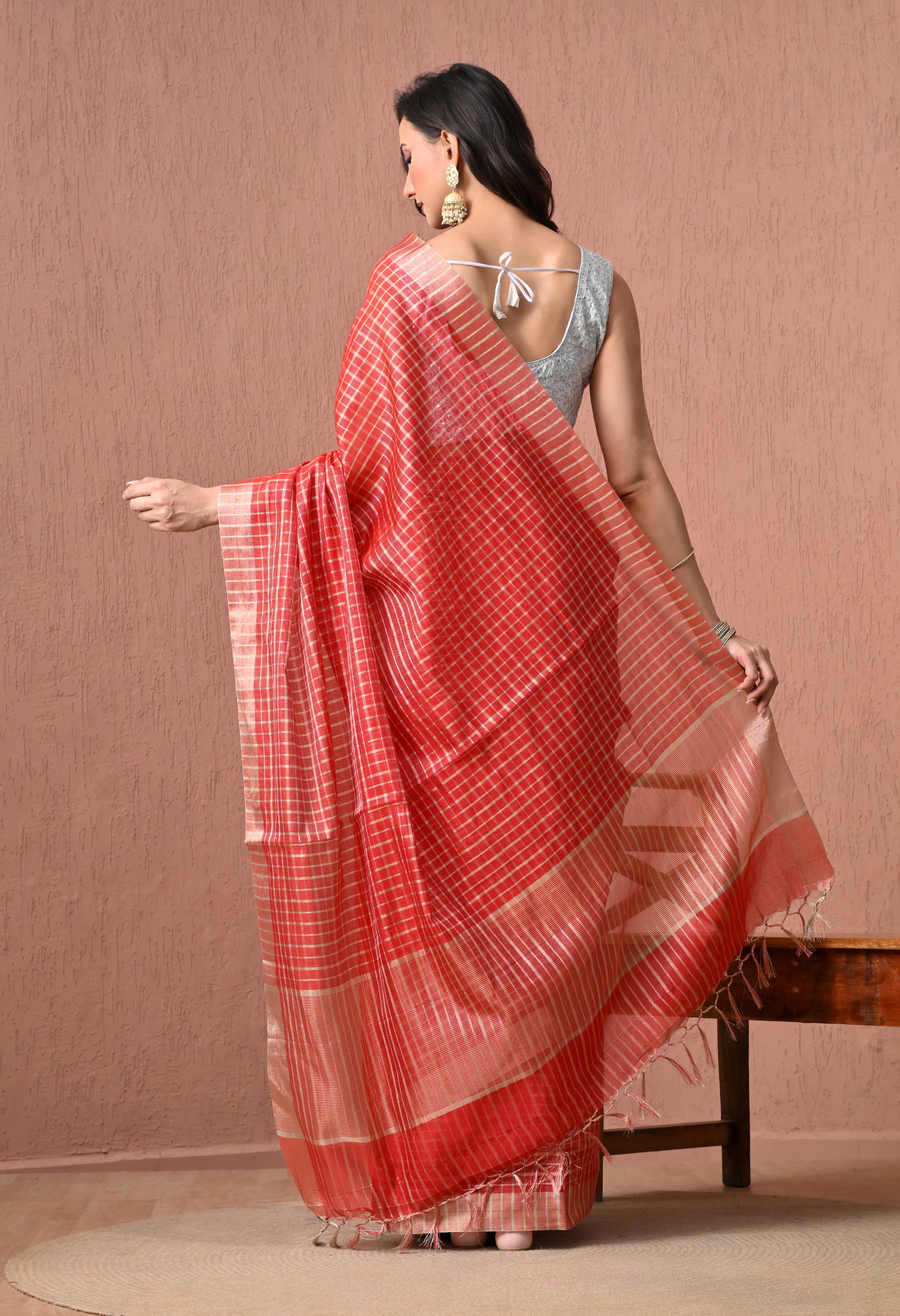 Pure Cotton Checked Saree in Vibrant Red with Zari Border