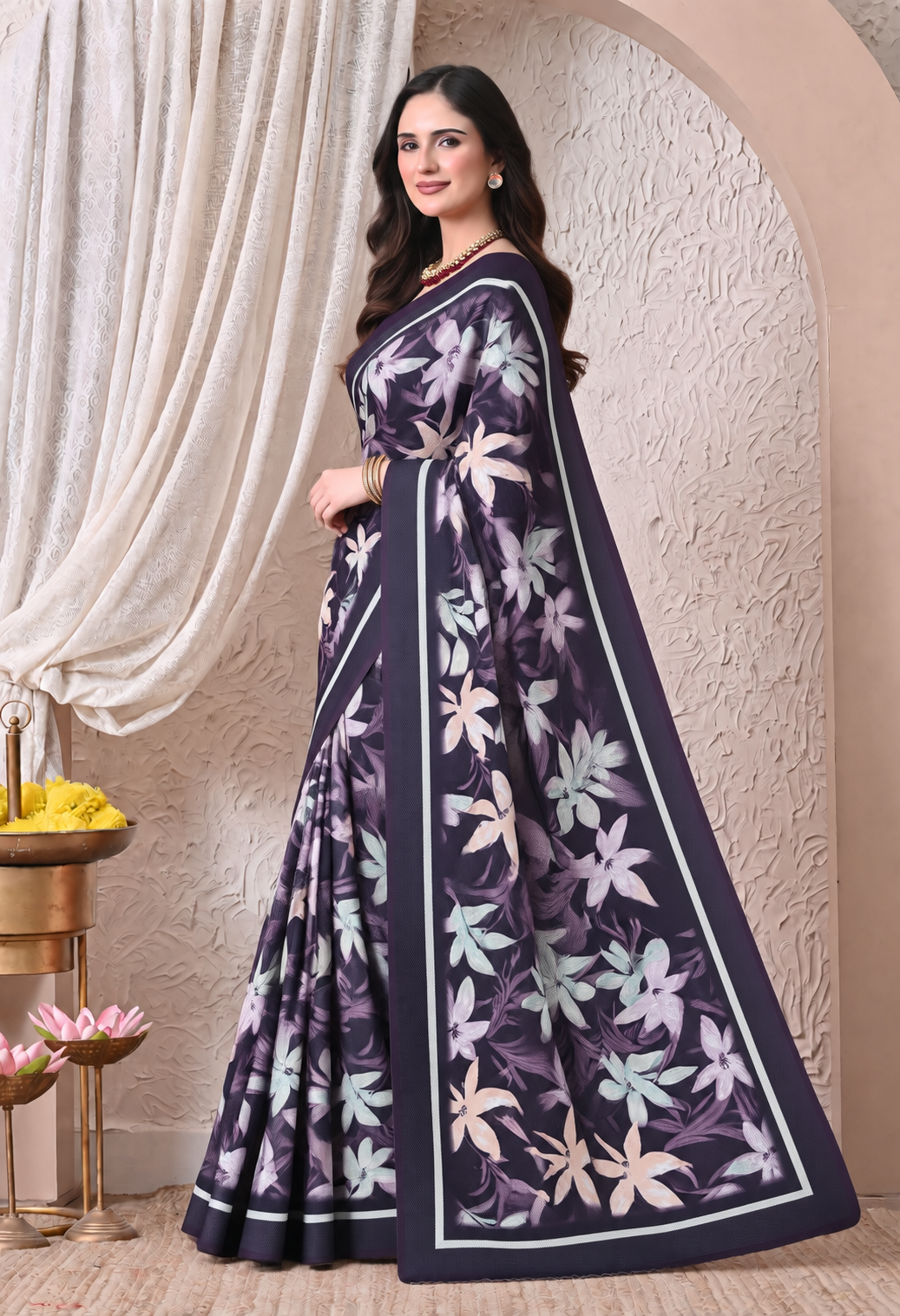 Elegant Purple Chiffon Saree with Floral Print and Designer Border