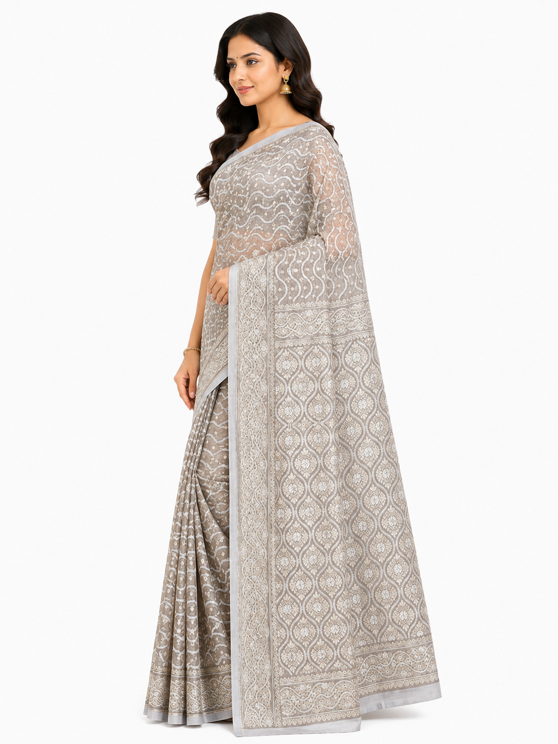 Grey & Gold-Toned Woven Design Banarasi Silk Saree with Unstitched Blouse Piece