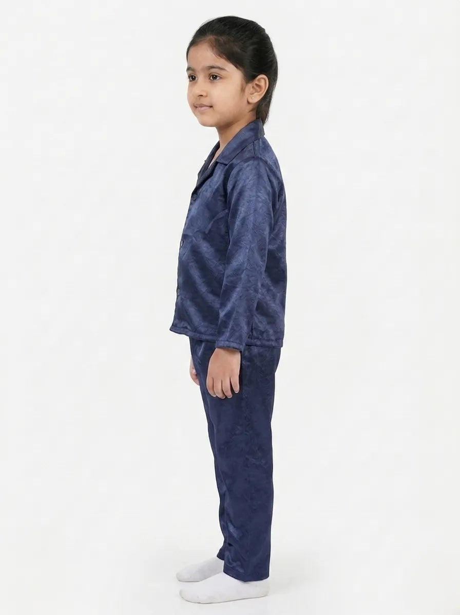 Girls Navy Blue Luxury Satin Night Suit Set – Smooth Full-Sleeve Shirt & Relaxed Pyjamas