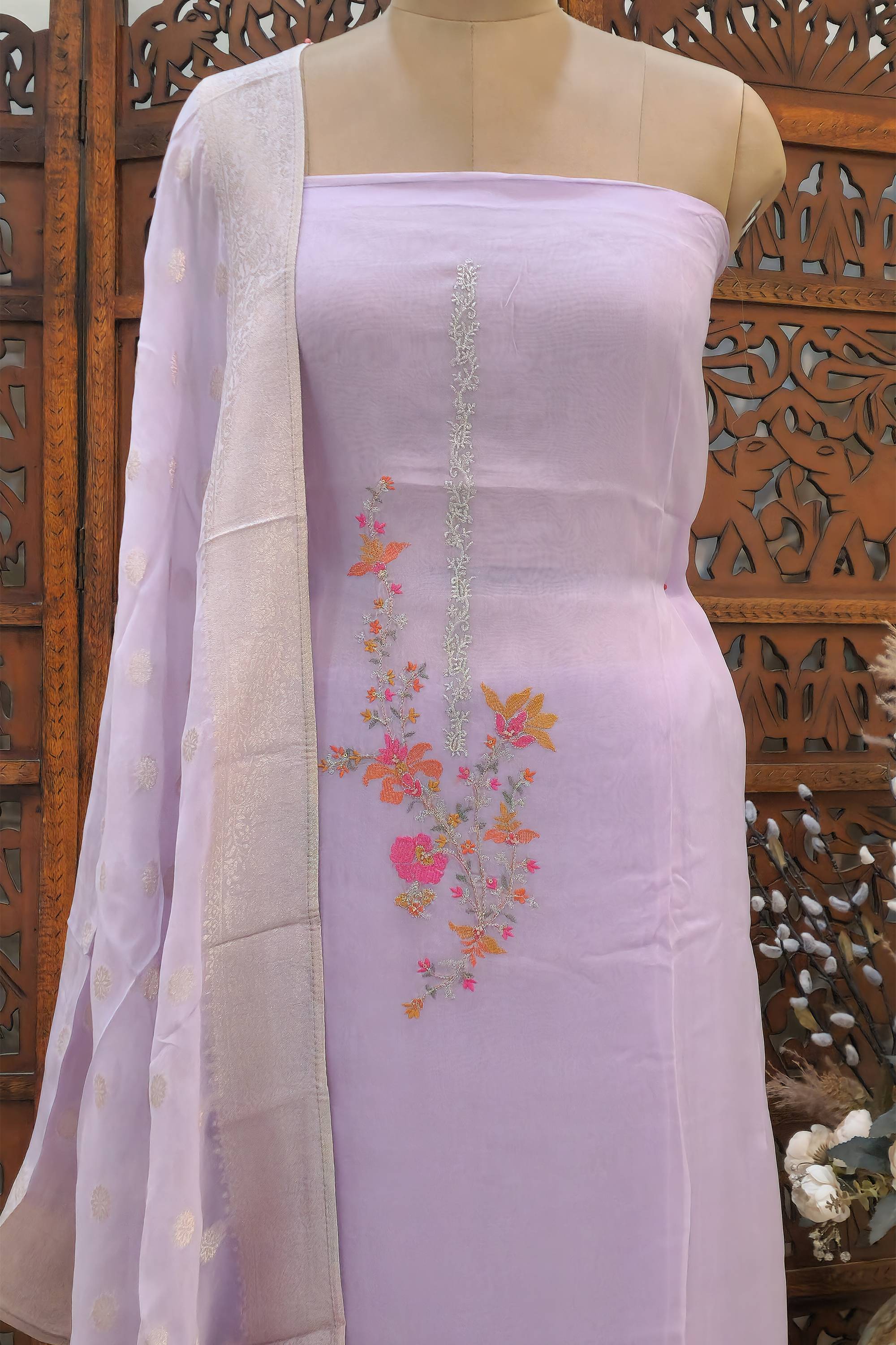 Lavender Floral Embroidered Silk Organza Unstitched Dress Material with Zari Border
