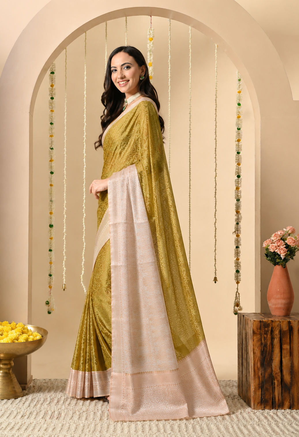 Women Mustard & Blush Pink Woven Design Silk Blend Saree