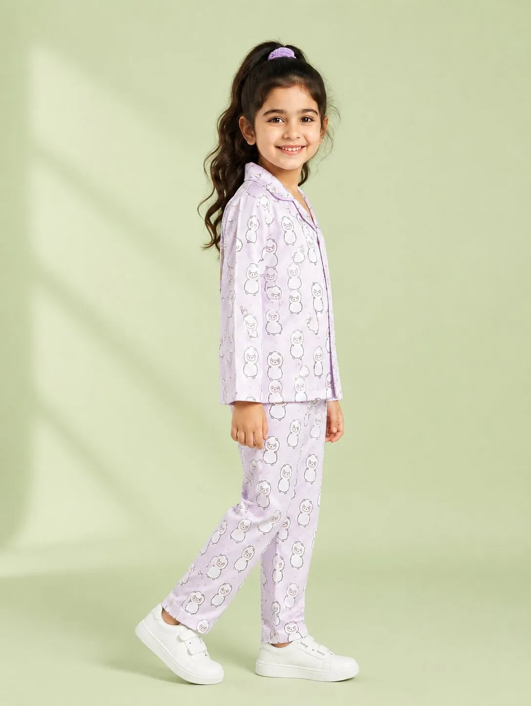 Girls Pink & White Cartoon Print Satin Night Suit Set