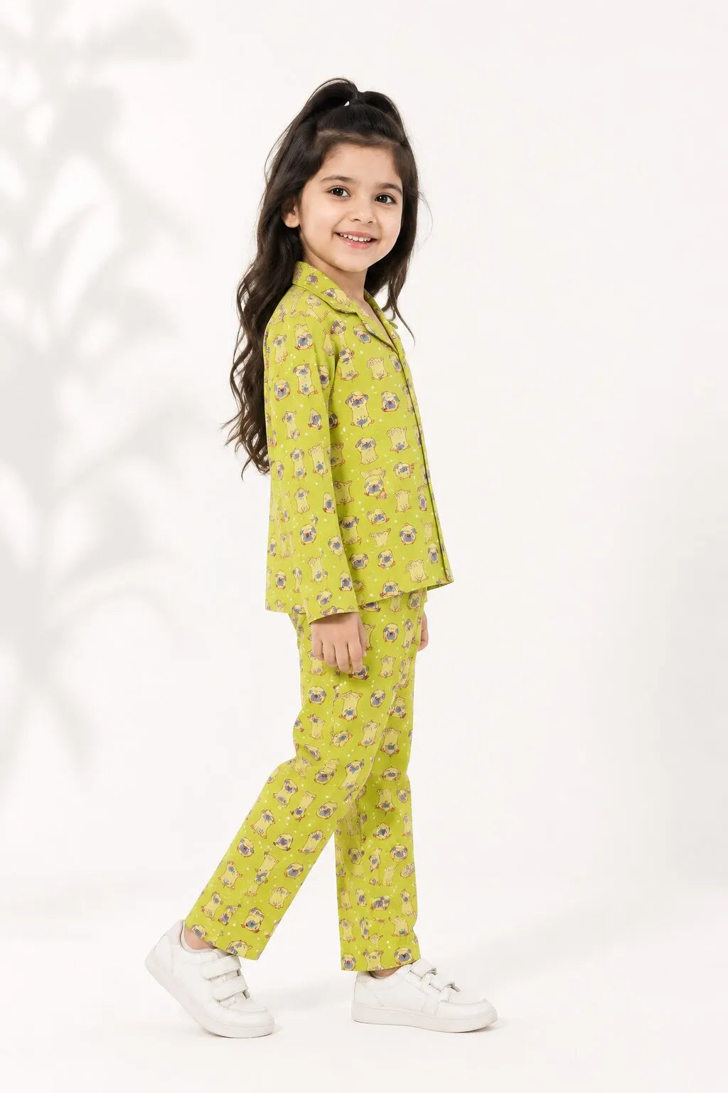 Girls' Lime Green Pug Print Pure Cotton Night Suit