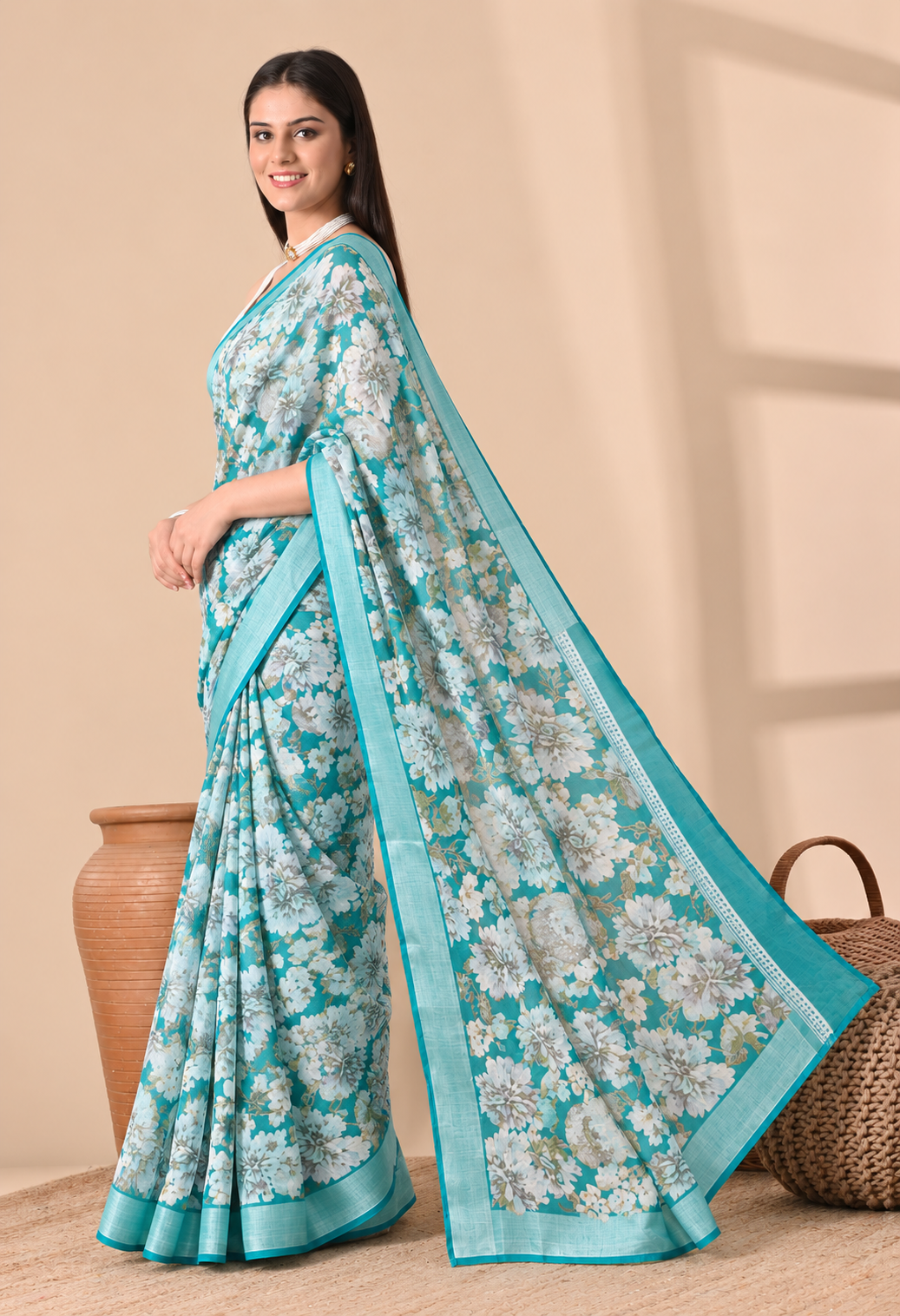 Elegant Green Cotton Saree with Floral Print