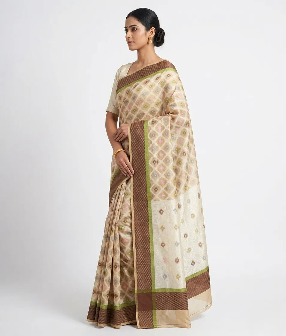 Women Beige & Brown Geometric Printed Chanderi Silk Saree with Unstitched Blouse