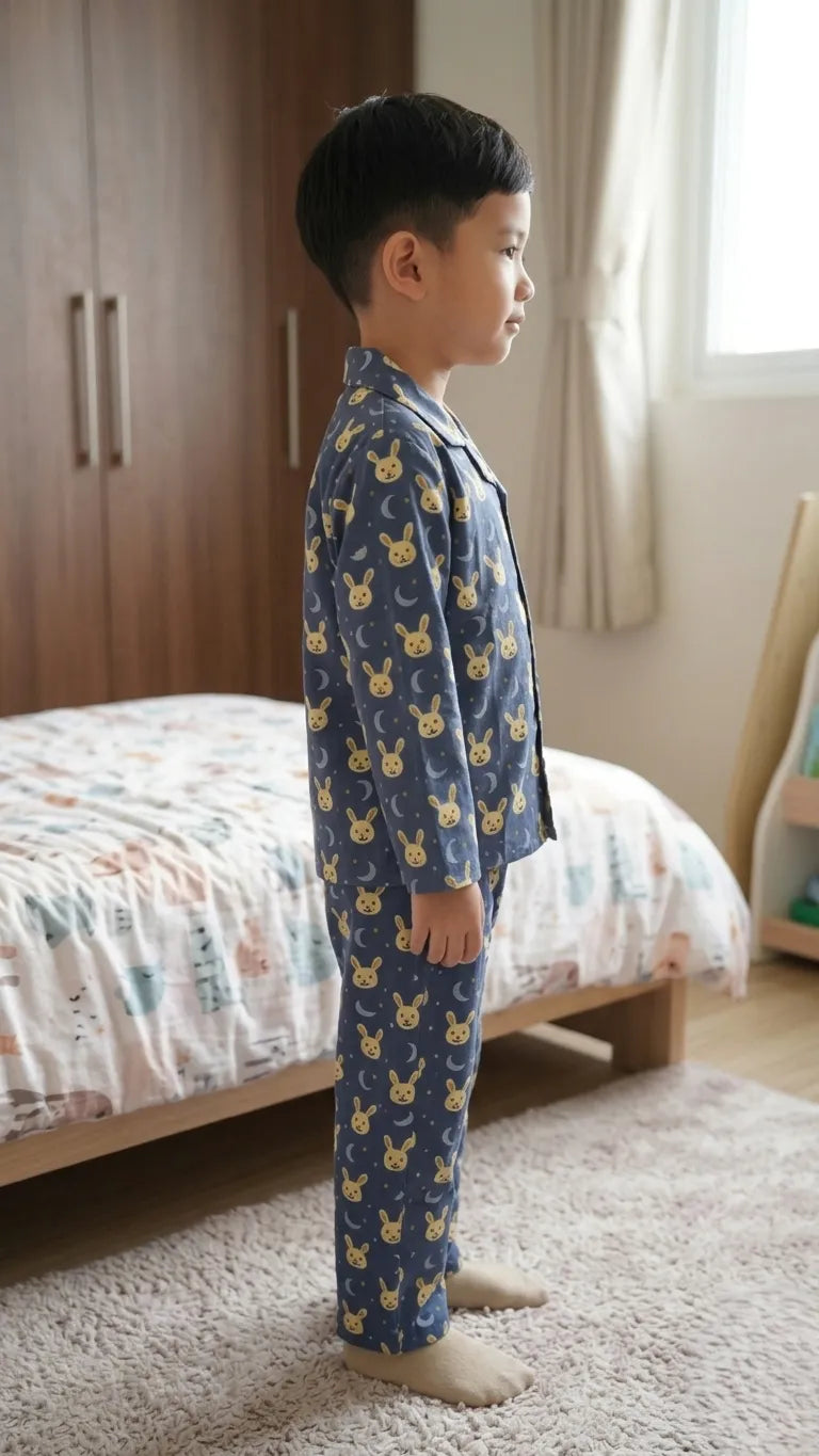 Kids Navy Blue & Yellow Bunny Print Night Suit