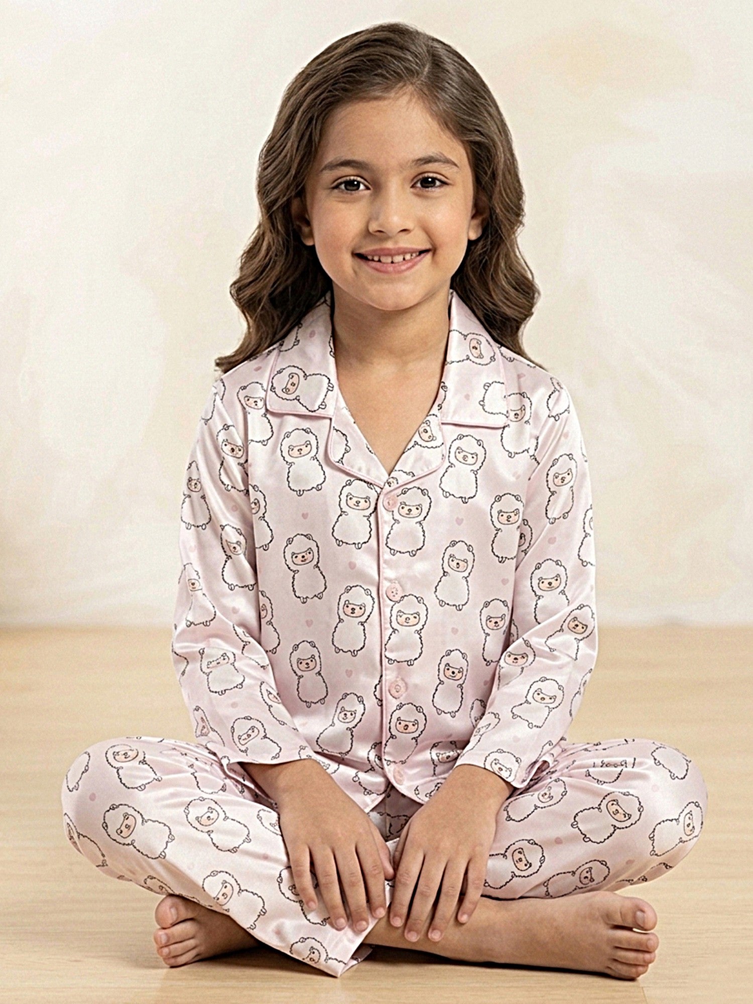 Girls Pink & White Cartoon Print Satin Night Suit Set
