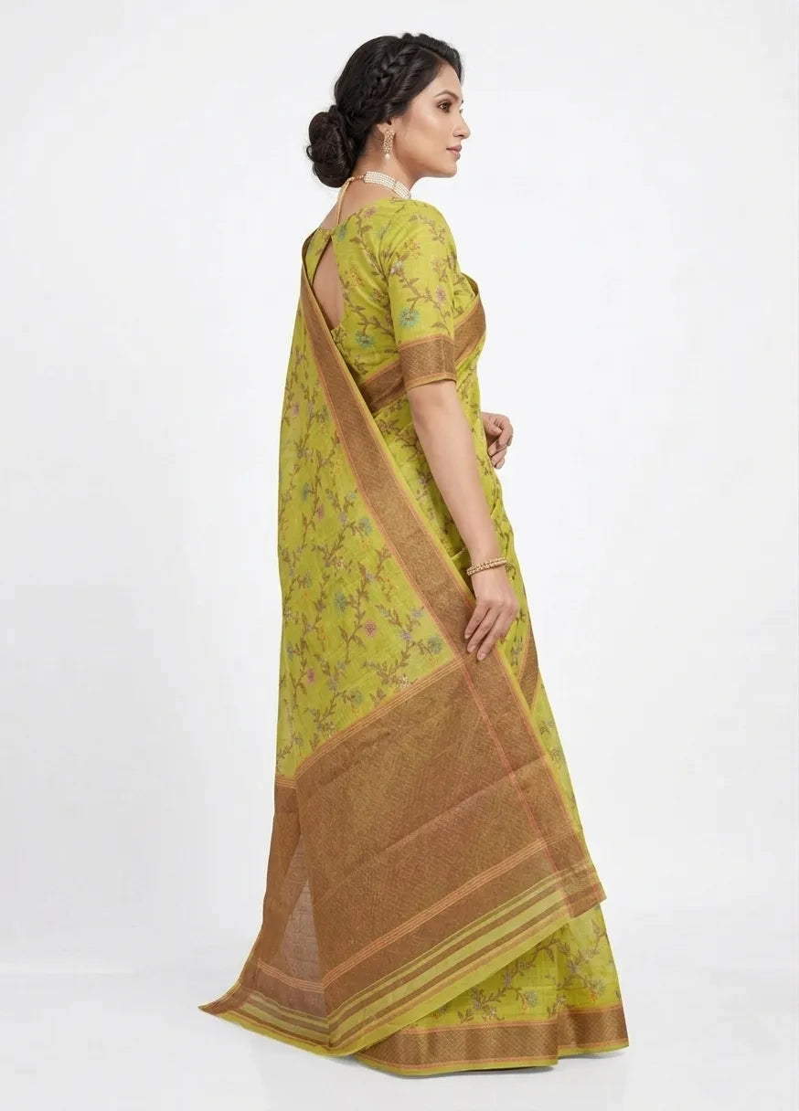 Lime Green Floral Printed Organza Saree with Zari Border