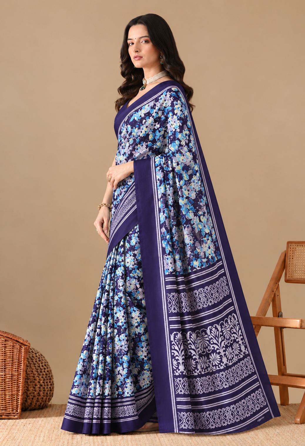 Navy Blue Floral Printed Georgette Saree
