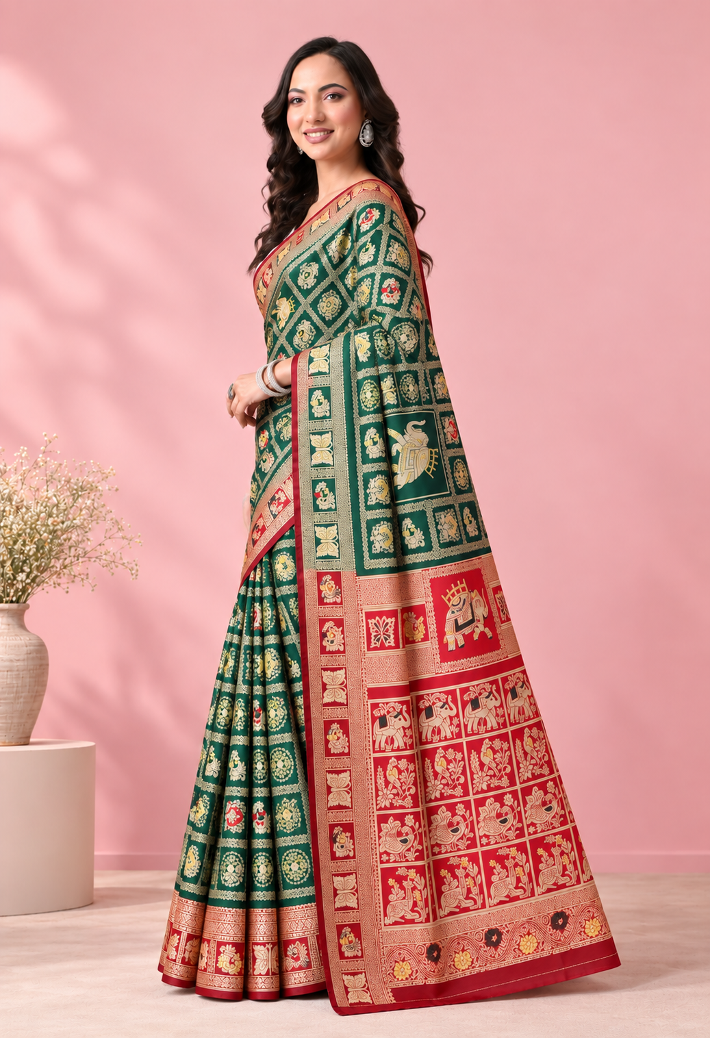 Elegant Green & Red Traditional Printed Saree with Intricate Ethnic Patterns