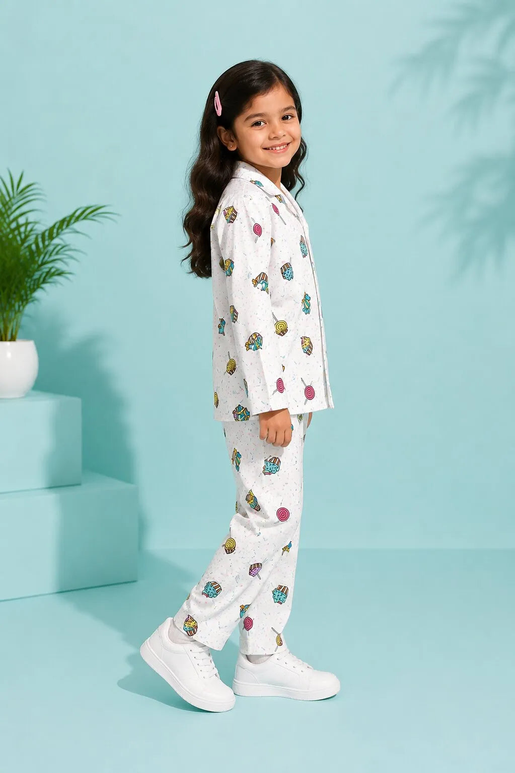Kids White & Multi-Coloured Printed Satin Night Suit