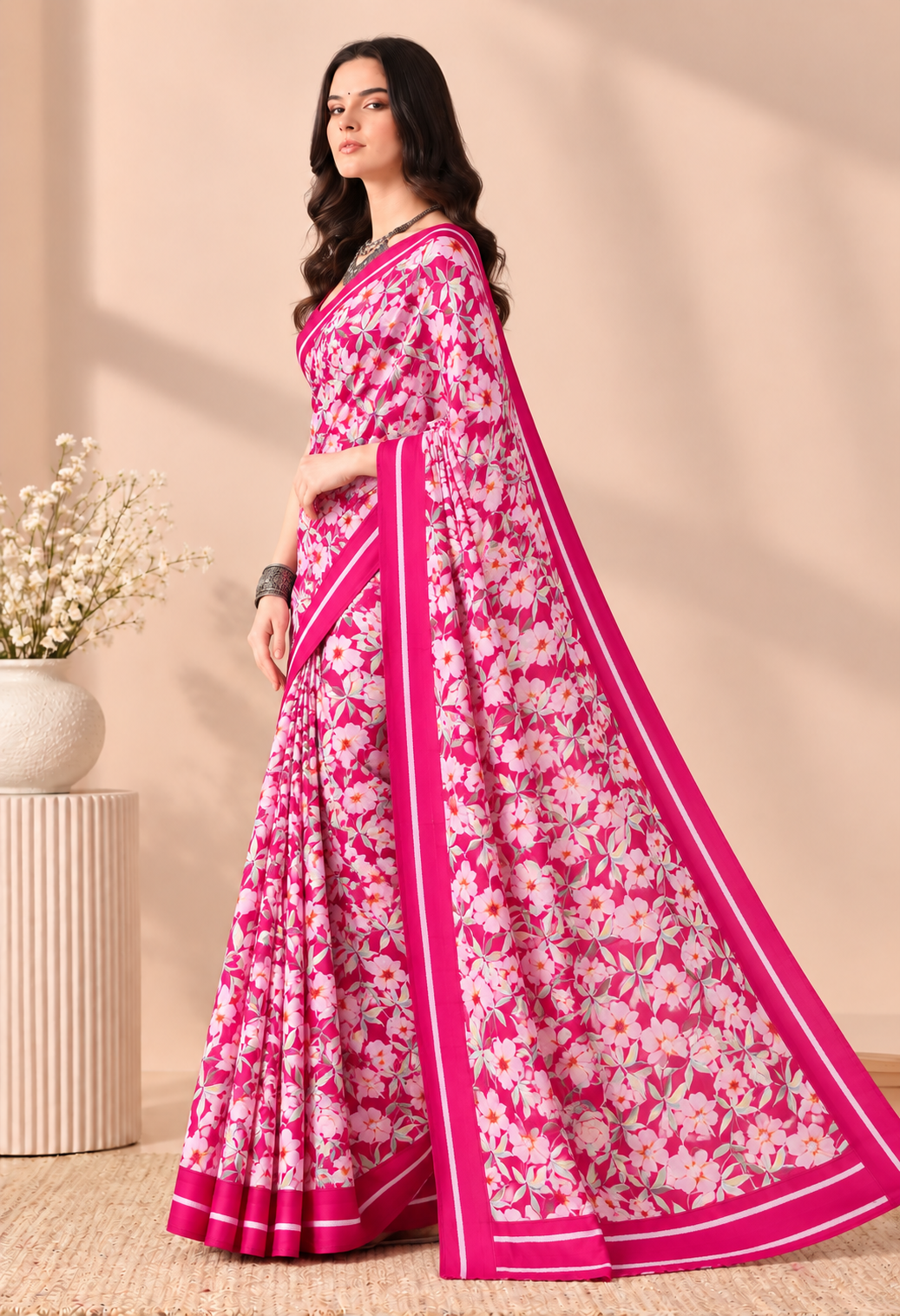 Elegant Pink Georgette Saree with Floral Print and Designer Border