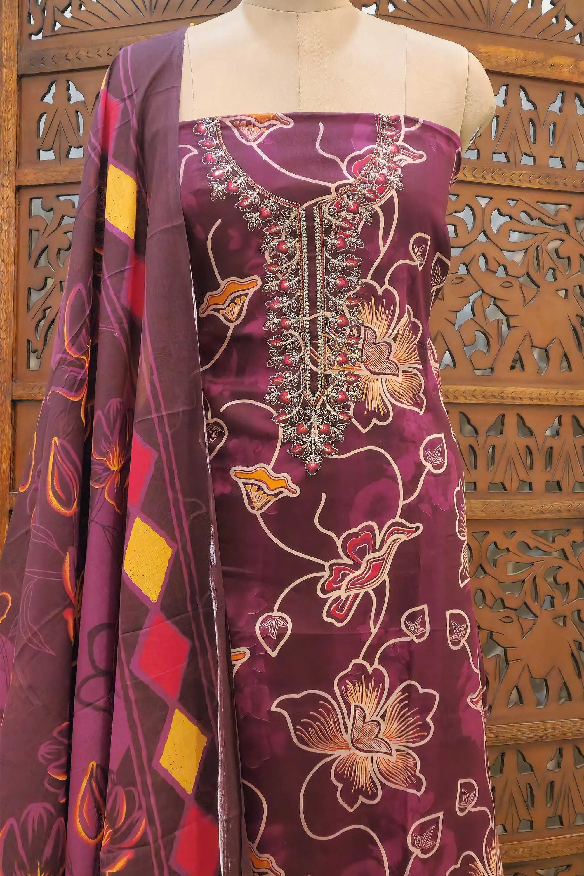 Women Maroon & Yellow Floral Printed Pure Cotton Unstitched Dress Material with Embroidered Neck
