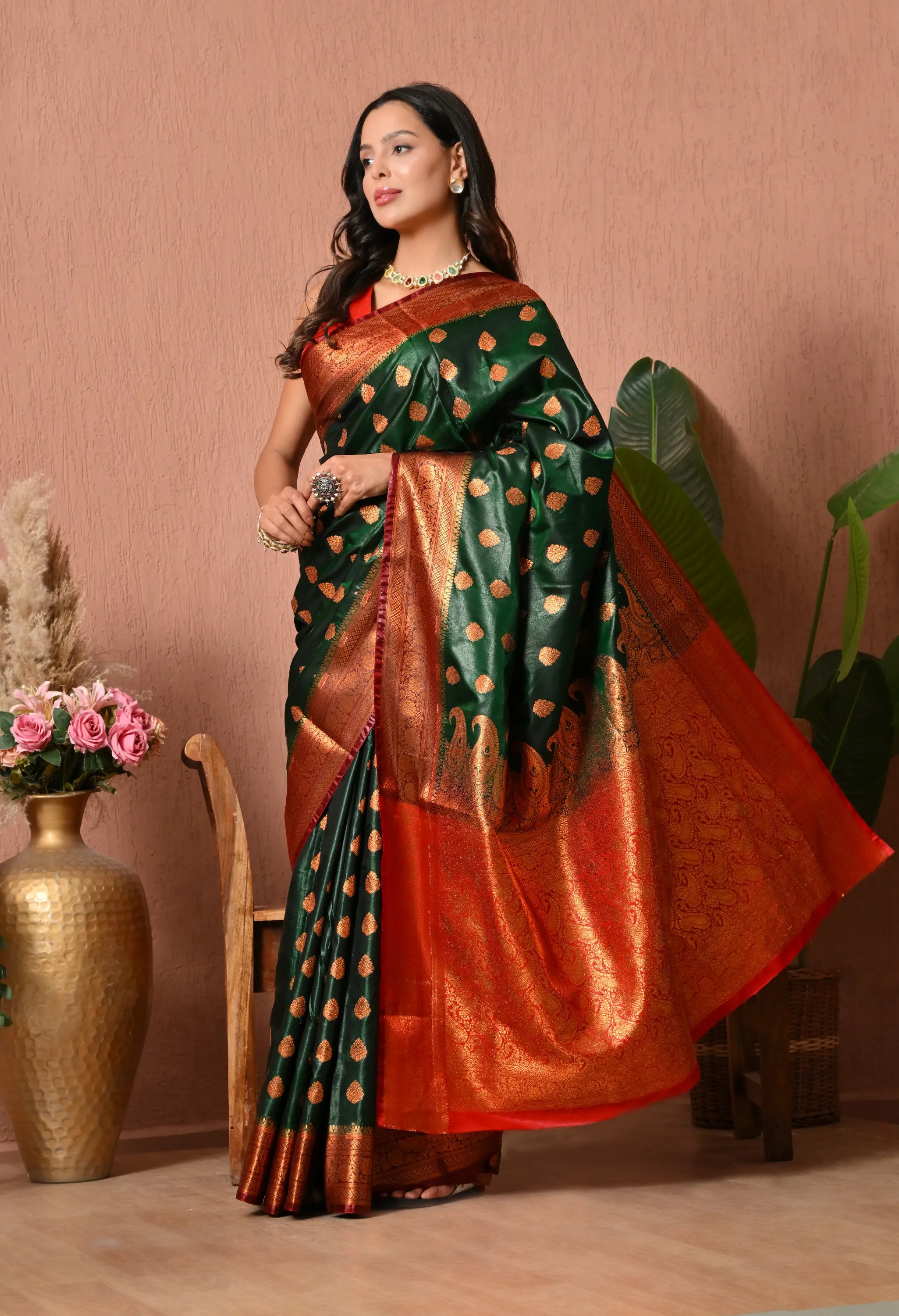 Regal Bottle Green Silk Blend Banarasi Style Saree with Contrast Red Zari Pallu