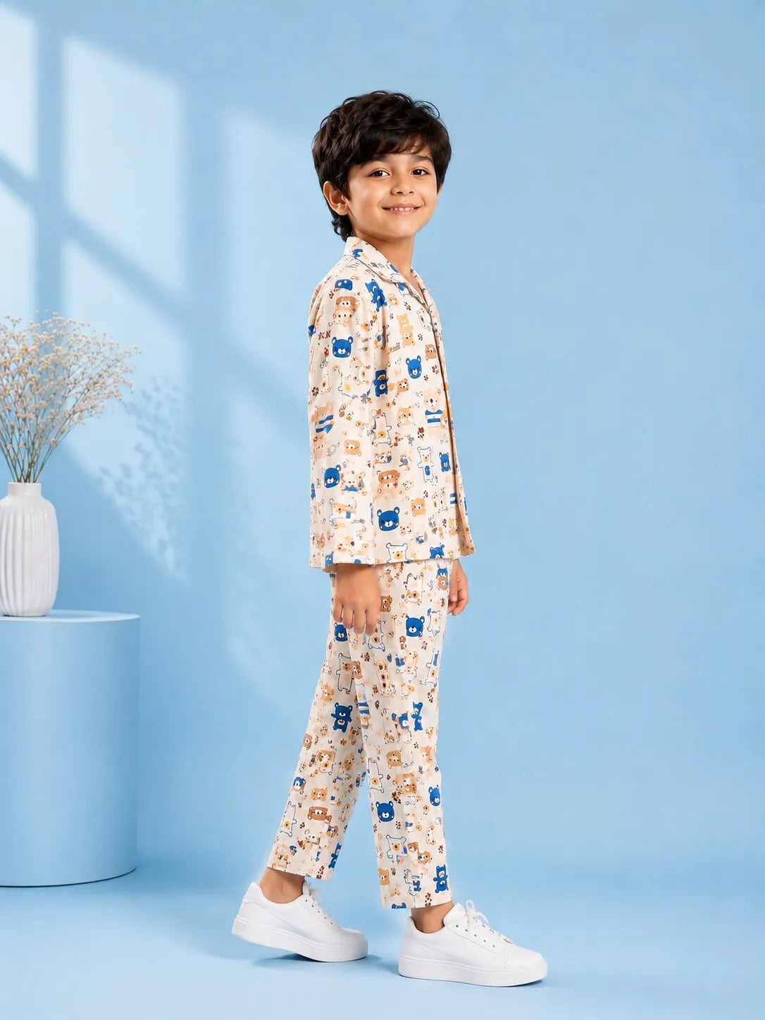 Boys' Bear Print Luxury Satin Night Suit – Full Sleeve Shirt & Pajama Sleepwear Set