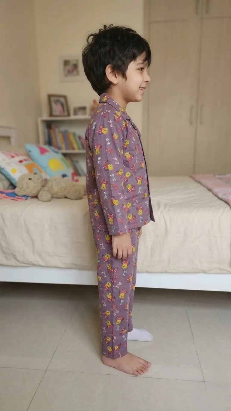 Kids Mauve & Yellow Character Print Night Suit