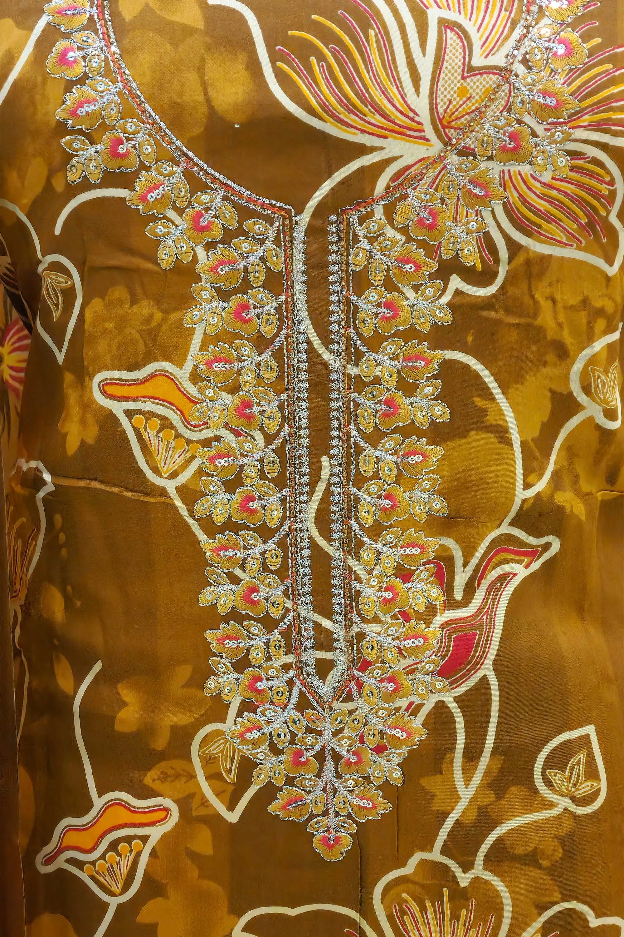 Women Brown & Mustard Floral Printed Unstitched Cotton Dress Material with Embellished Neckline