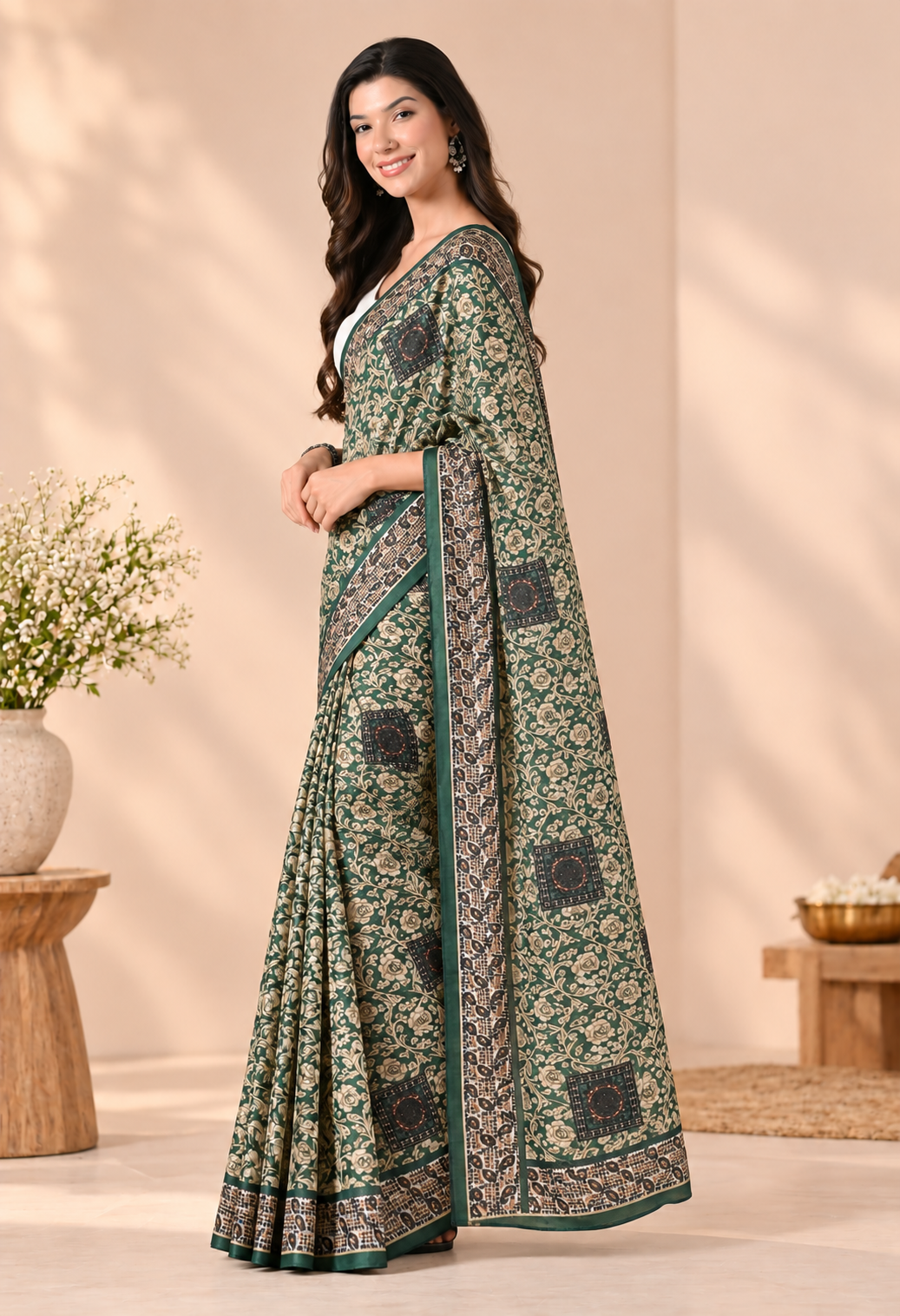 Elegant Green Chiffon Saree with Intricate Floral and Traditional Print