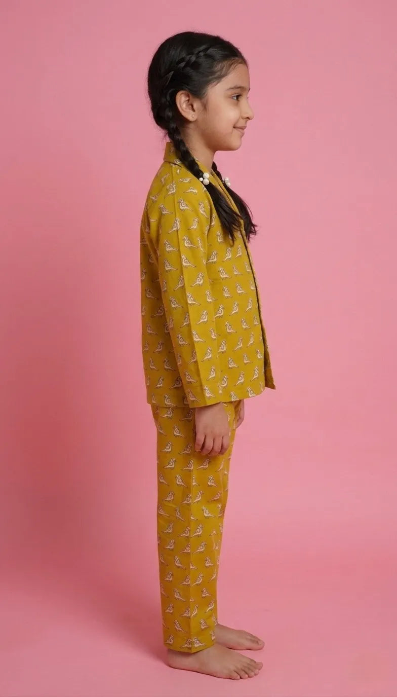 Girls Mustard Yellow & White Bird Print Night Suit