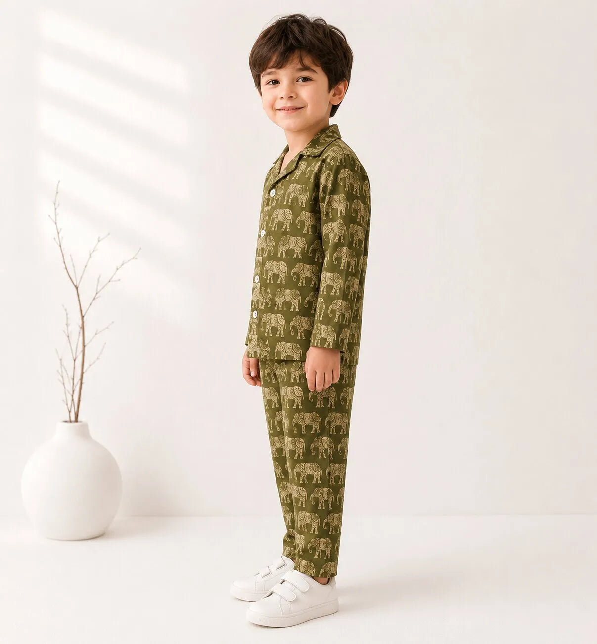 Kids Olive Green & Beige Elephant Print Cotton Lounge Set