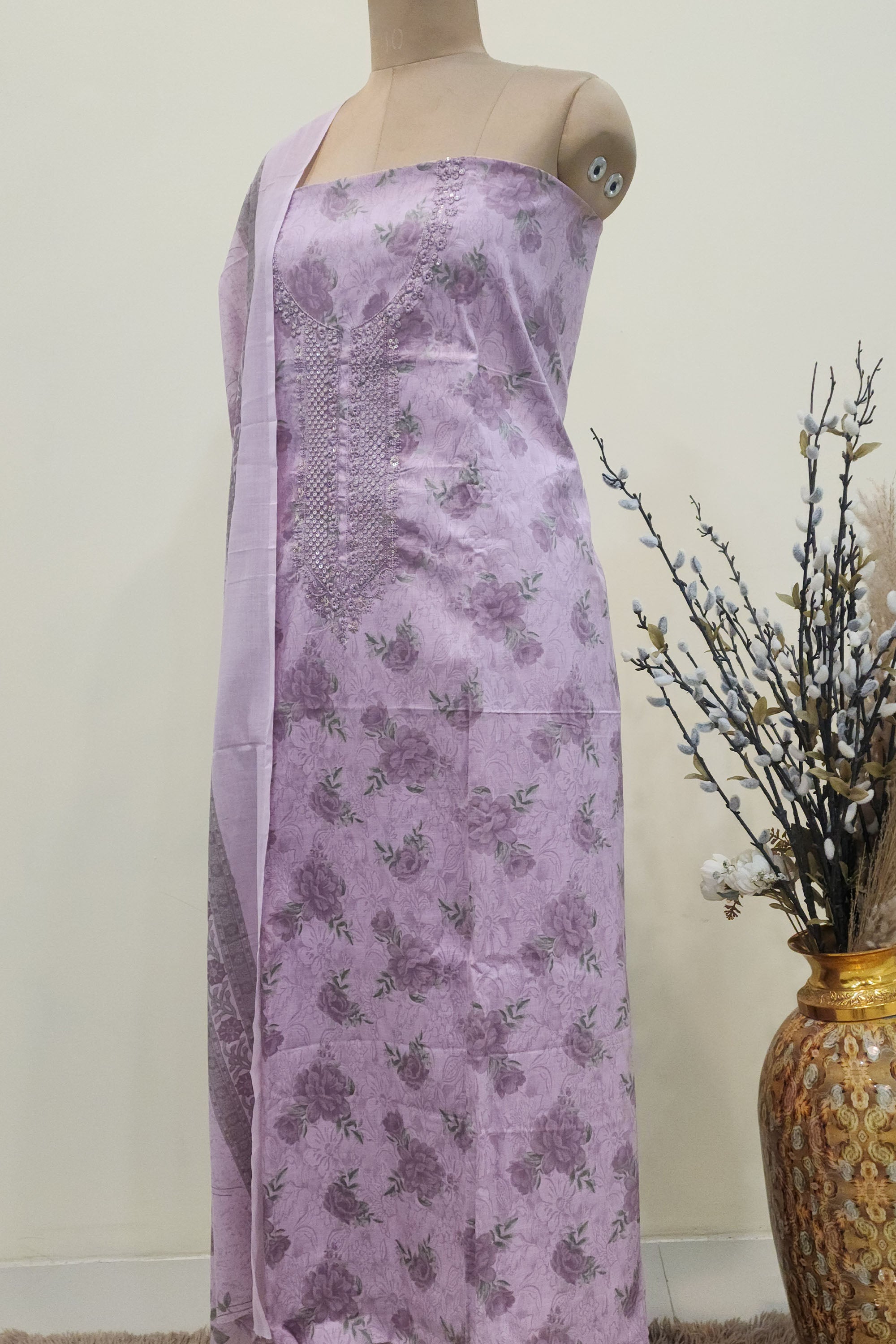 Women's Pure Cotton Lavender Floral Print Unstitched Suit Set