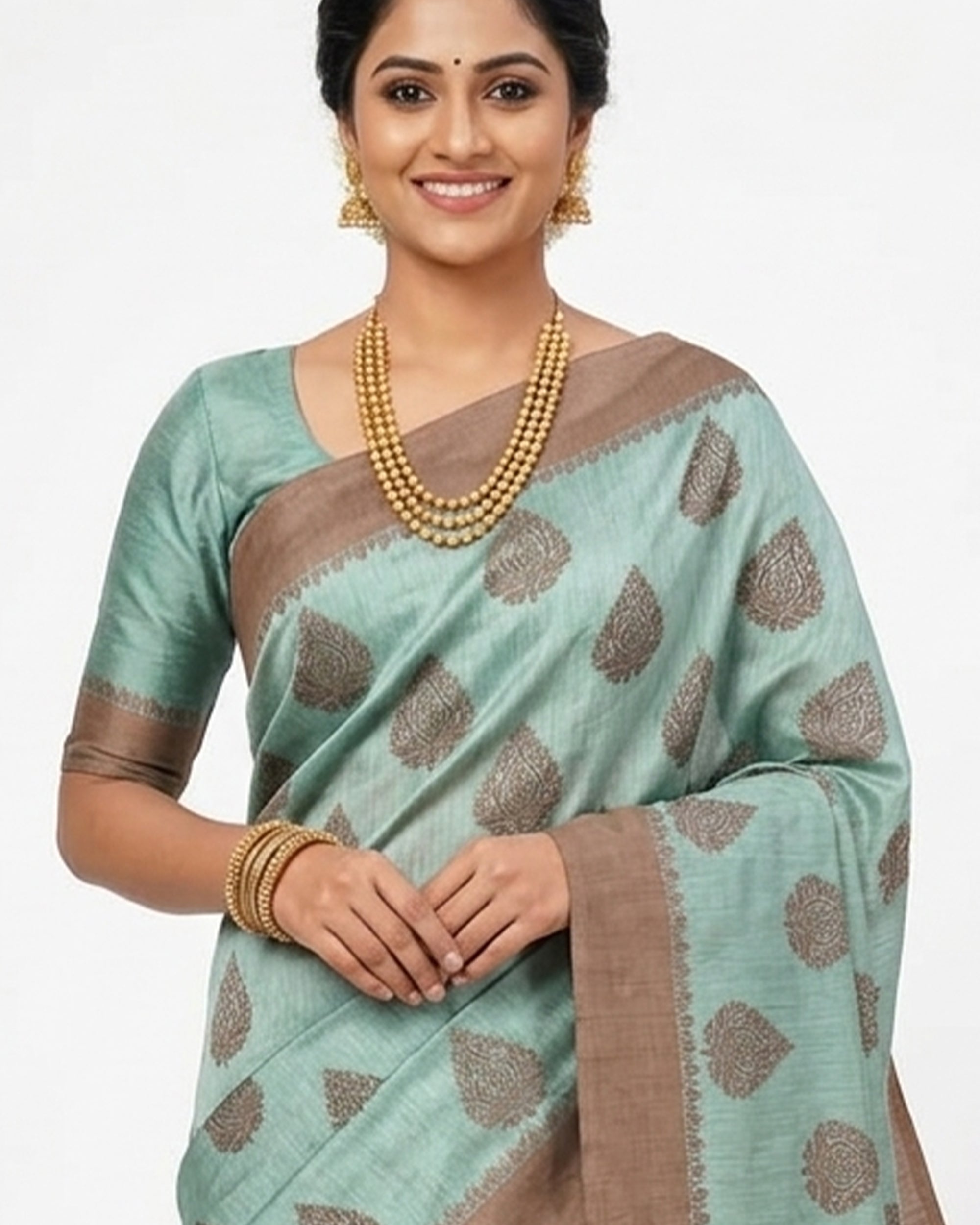 Sea Green & Brown Cotton Silk Woven Design Paisley Saree