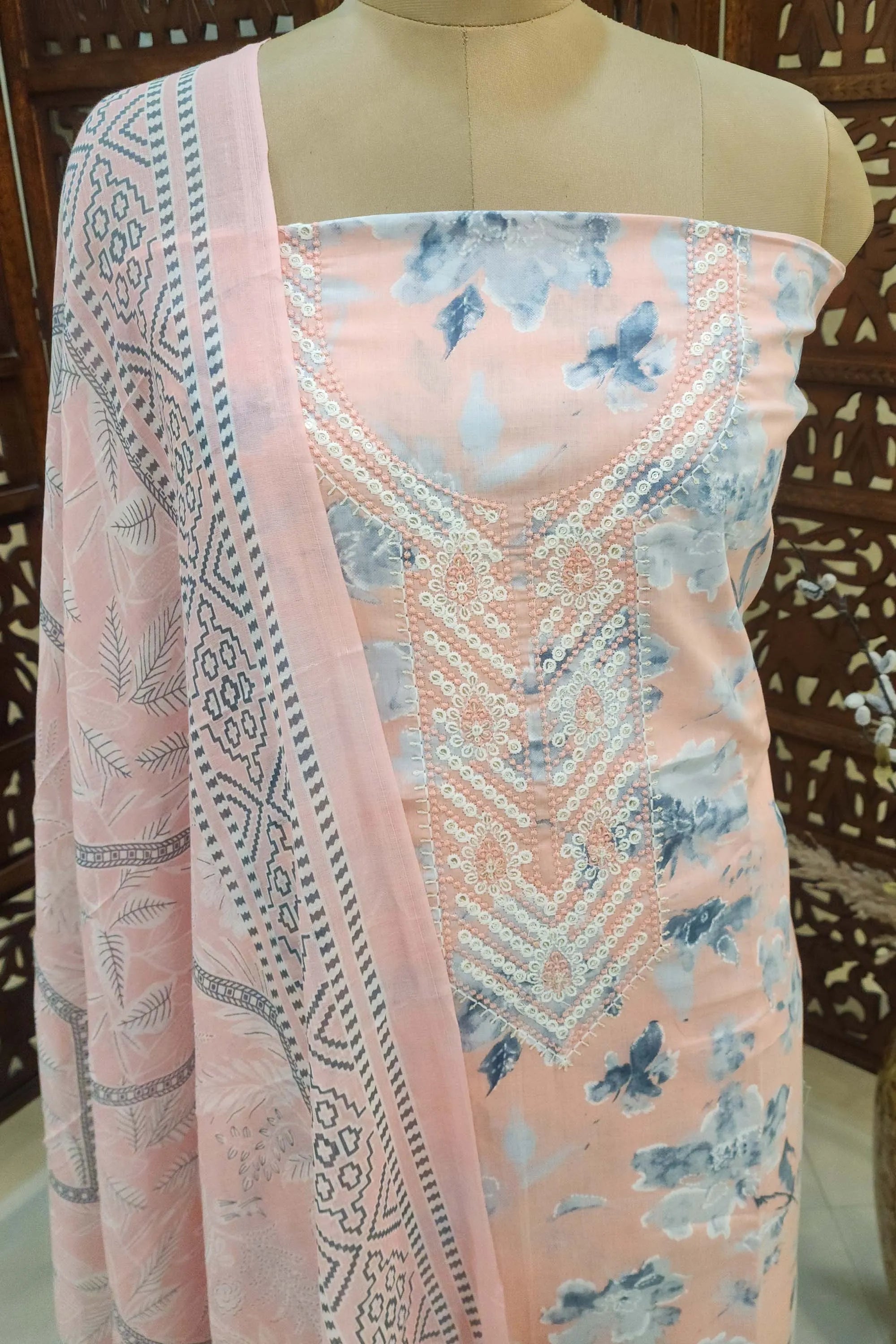 Women Peach & Blue Floral Printed Unstitched Cotton Dress Material with Sequined Embroidery