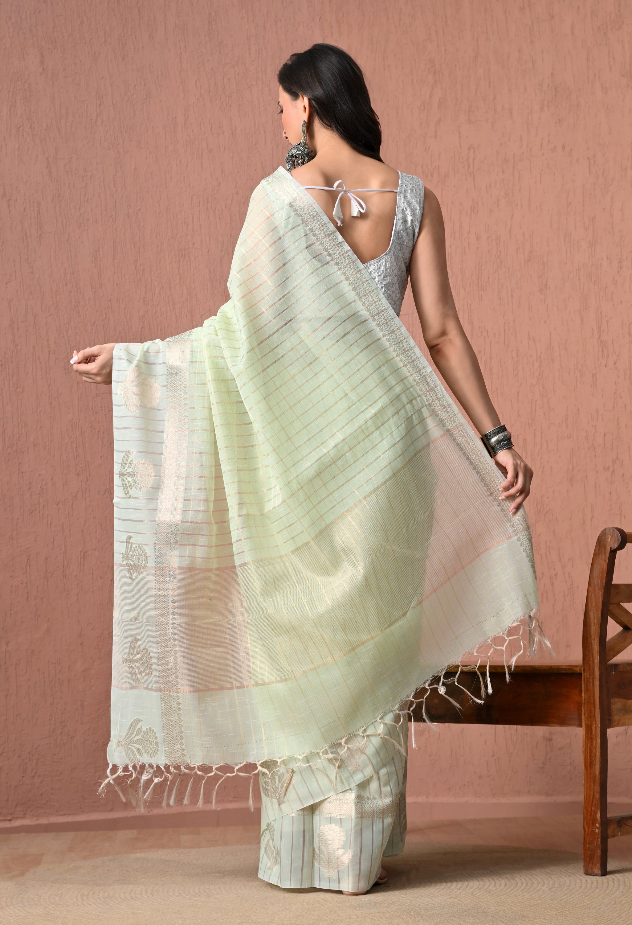 Pure Cotton Saree in Pastel Mint Green with Silver Zari Checked Pattern and Floral Pallu