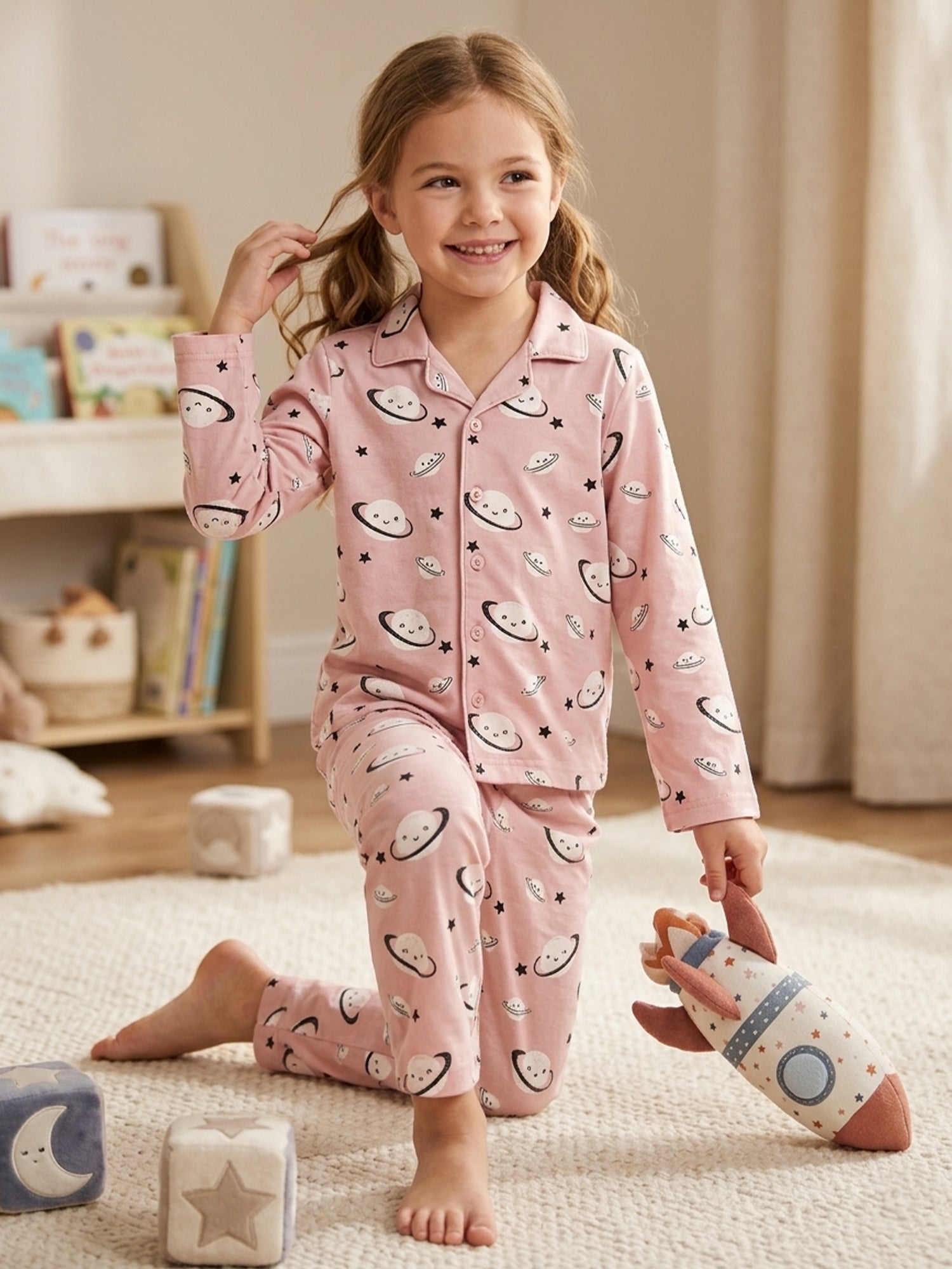 Girls Pink Celestial Printed Satin Night Suit Set