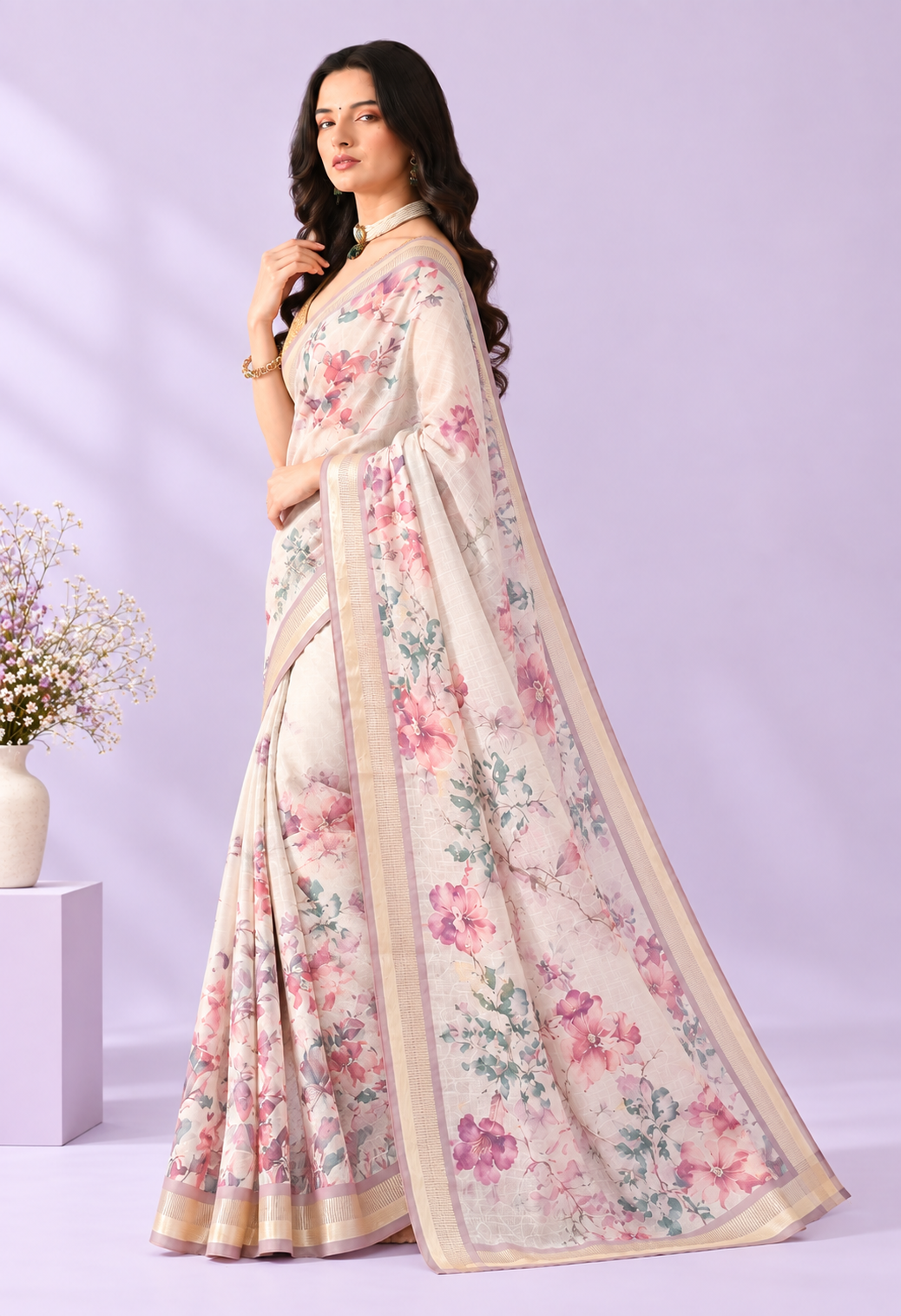 Elegant Ivory Floral Printed Saree with Soft Pink & Green Accents